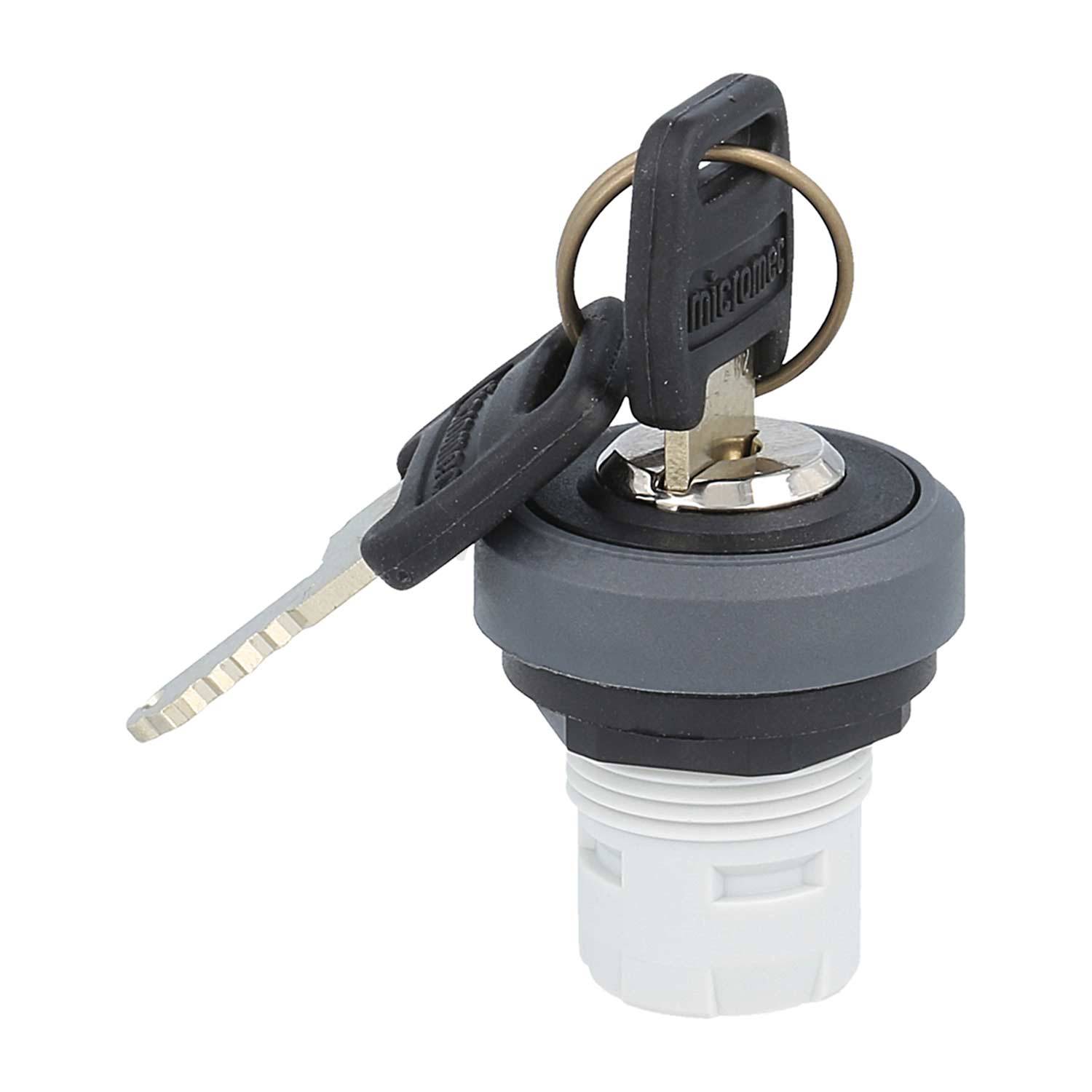 Ein Metallschlüssel, der in einen grauen und weißen zylindrischen Schließzylinder eingeführt wird, der für eine sichere Zugangskontrolle konzipiert ist.