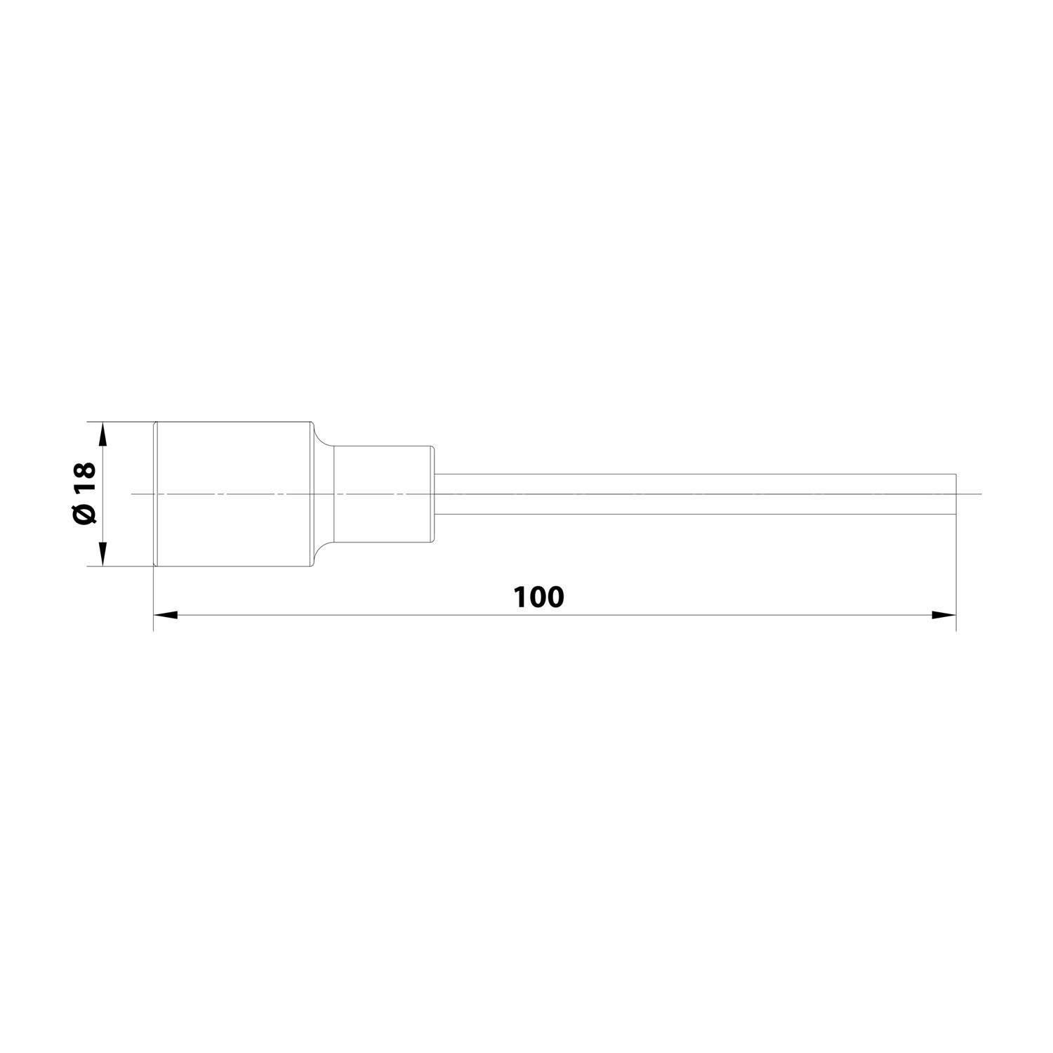 Technische Zeichnung eines zylindrischen Bauteils mit Abmessungen: Länge 100 mm, Durchmesser 18 mm und ein zusätzliches zylindrisches Segment mit einem kleineren Durchmesser am Ende.