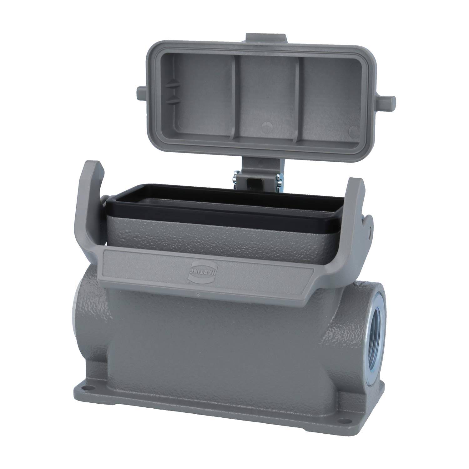 Ein grau industrieller Verbindungsgehäuse mit rechteckiger Form, offener Abdeckung und sichtbarem Innenraum, verwendet für robuste Verkabelung.