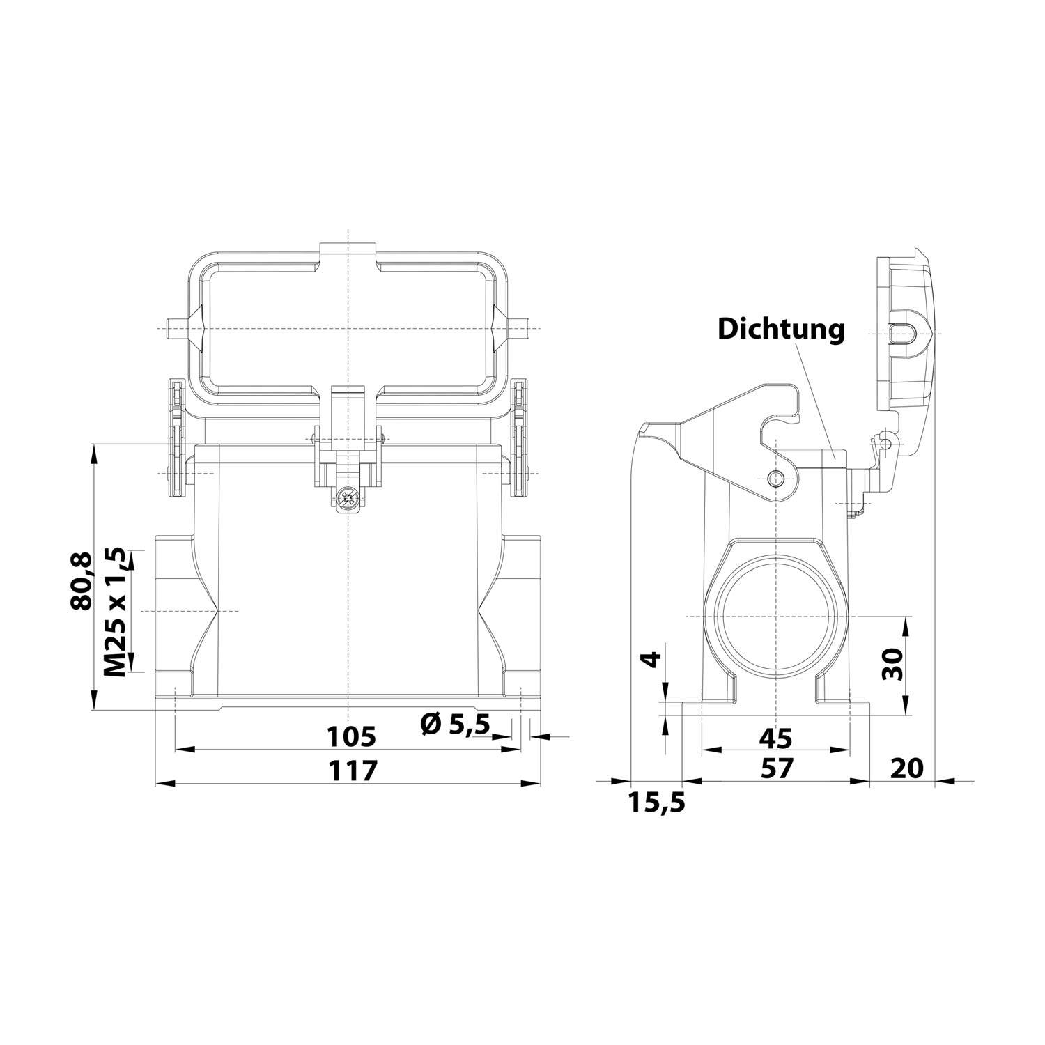 05300160266 HARTING Han 16B Sockelgehäuse hoch, 1xM25 seitlicher Kabelabgang, mit 1 Längsbügel mit Schutzkappe