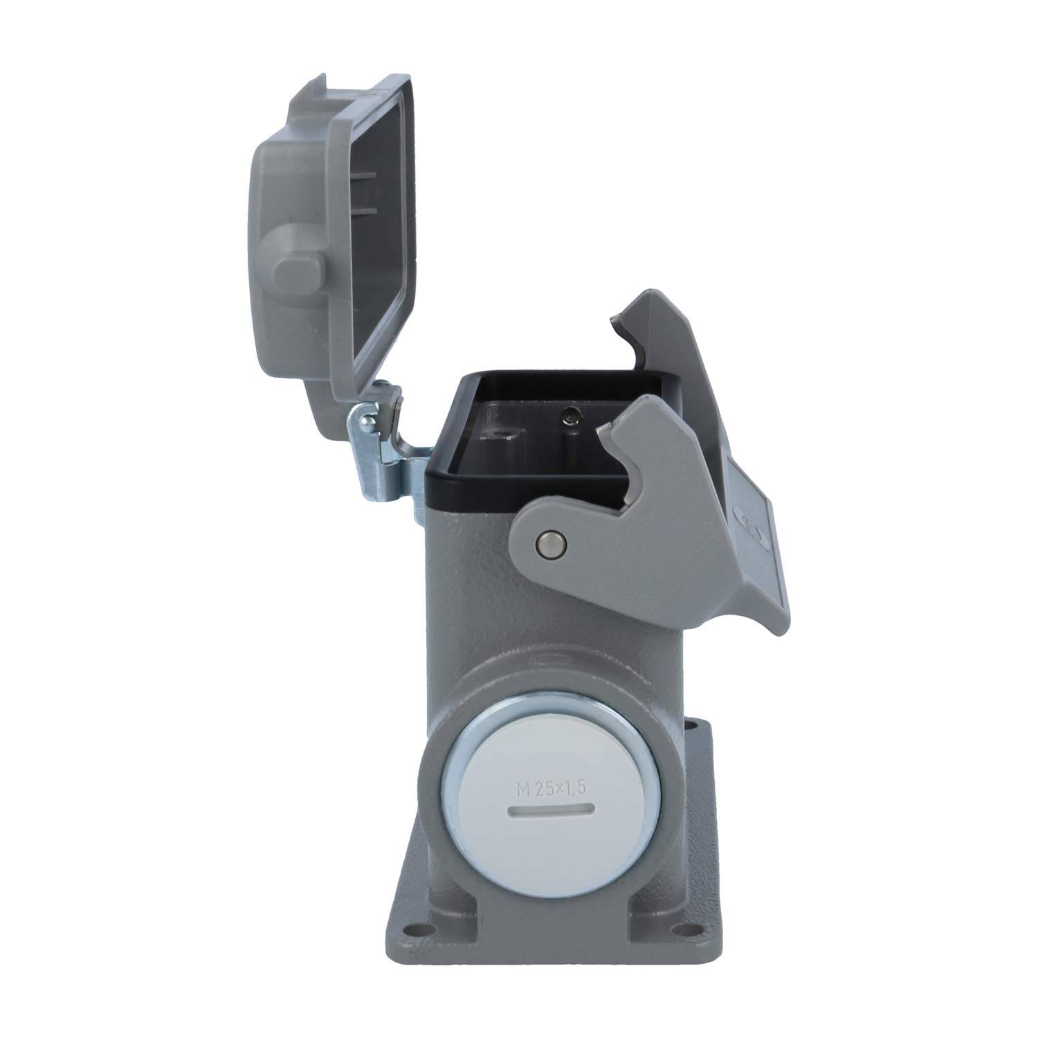 Eine graue industrielle Steckdose mit offener Schutzabdeckung, auf einer Basis montiert, bereit zur Geräteverbindung.