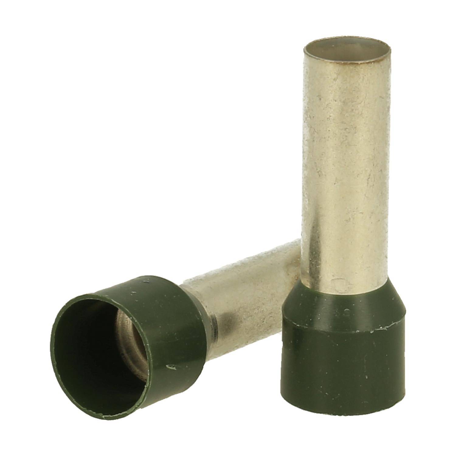 Zwei grüne und metallische zylindrische Objekte, die aufrecht stehen, möglicherweise Verbinder oder Adapter, die vor einem neutralen Hintergrund präsentiert werden.
