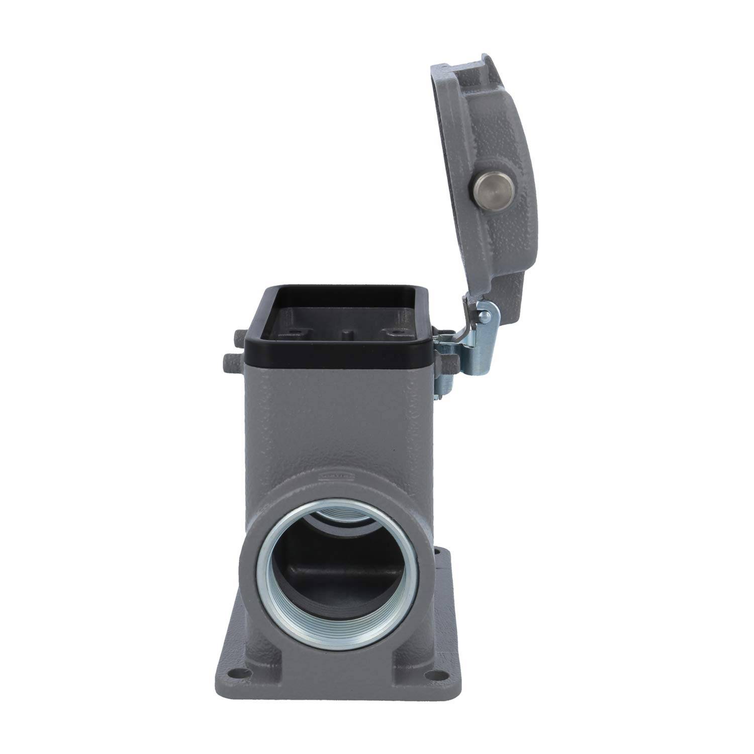 Eine rechteckige industrielle Leitungsausgangsbox mit einem kreisförmigen Anschluss, Deckel geöffnet, ausgelegt zum Schutz und zur Verbindung von Leitungen.