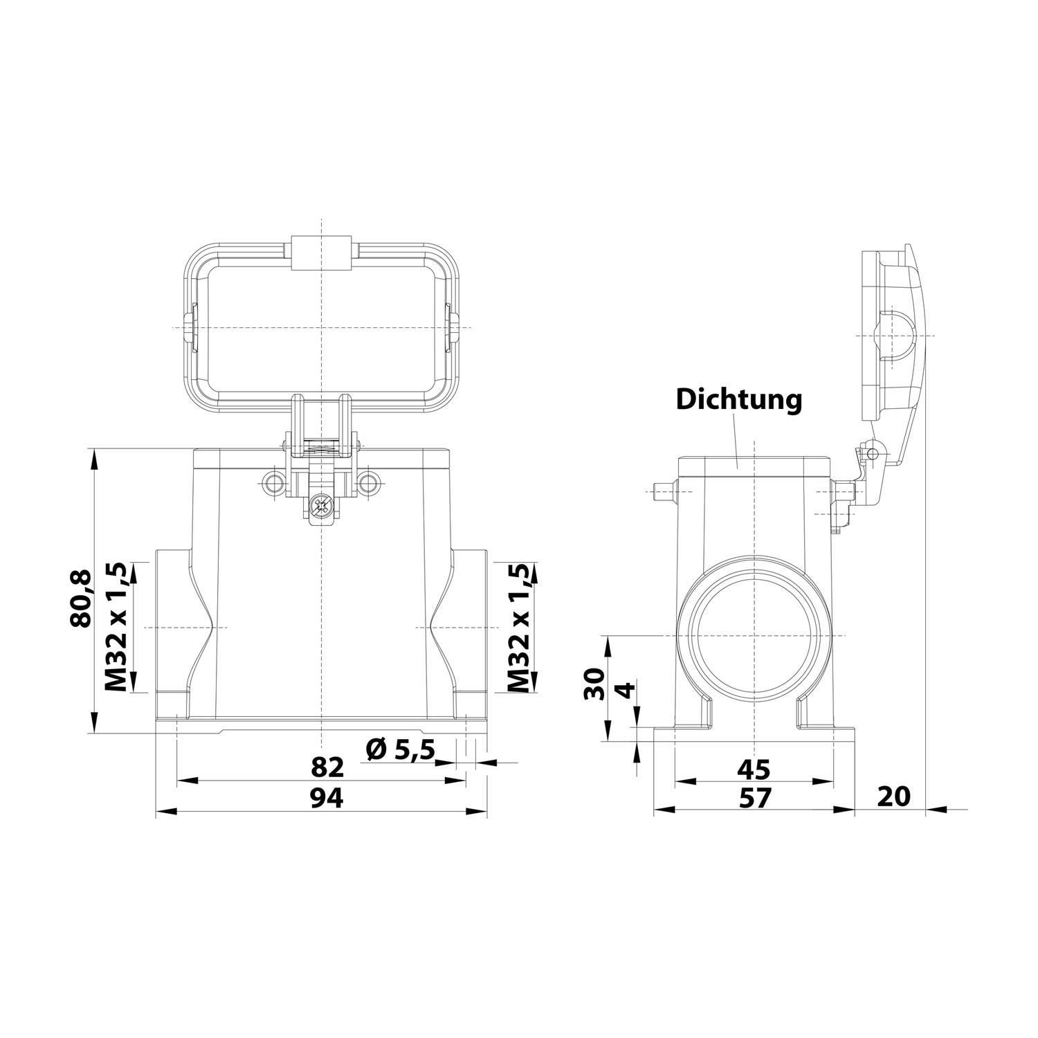 Technische Zeichnung einer Klemme mit Abmessungen: Höhe 80,8 mm, Breite 94 mm, Tiefe 57 mm. Enthält eine Dichtung mit der Bezeichnung 'Dichtung'.