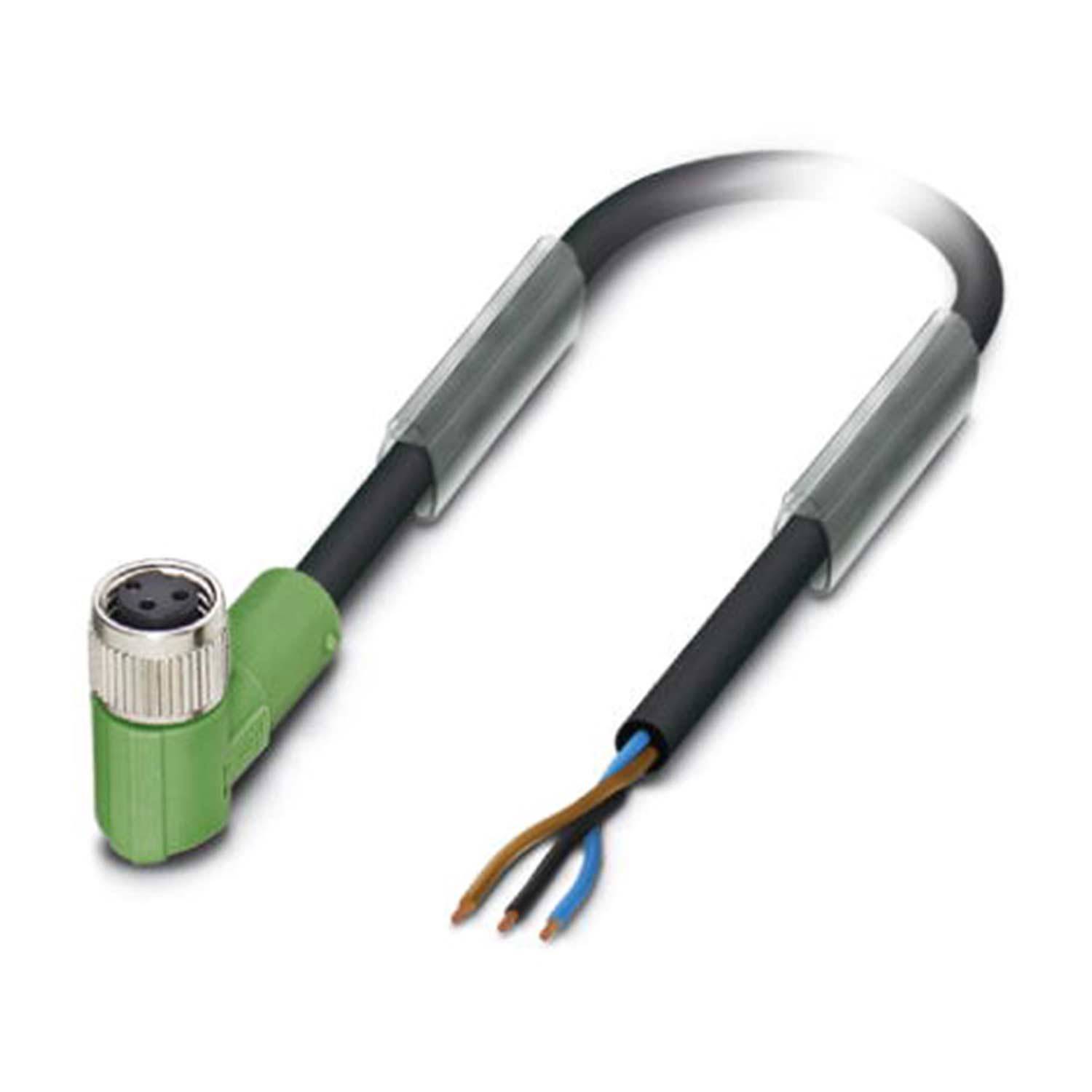 Ein grün-schwarzer L-förmiger Elektroverbinder mit freigelegten Drahtenden, der zwei Kupferdrähte zeigt und zum Verbinden von Kabeln verwendet wird.