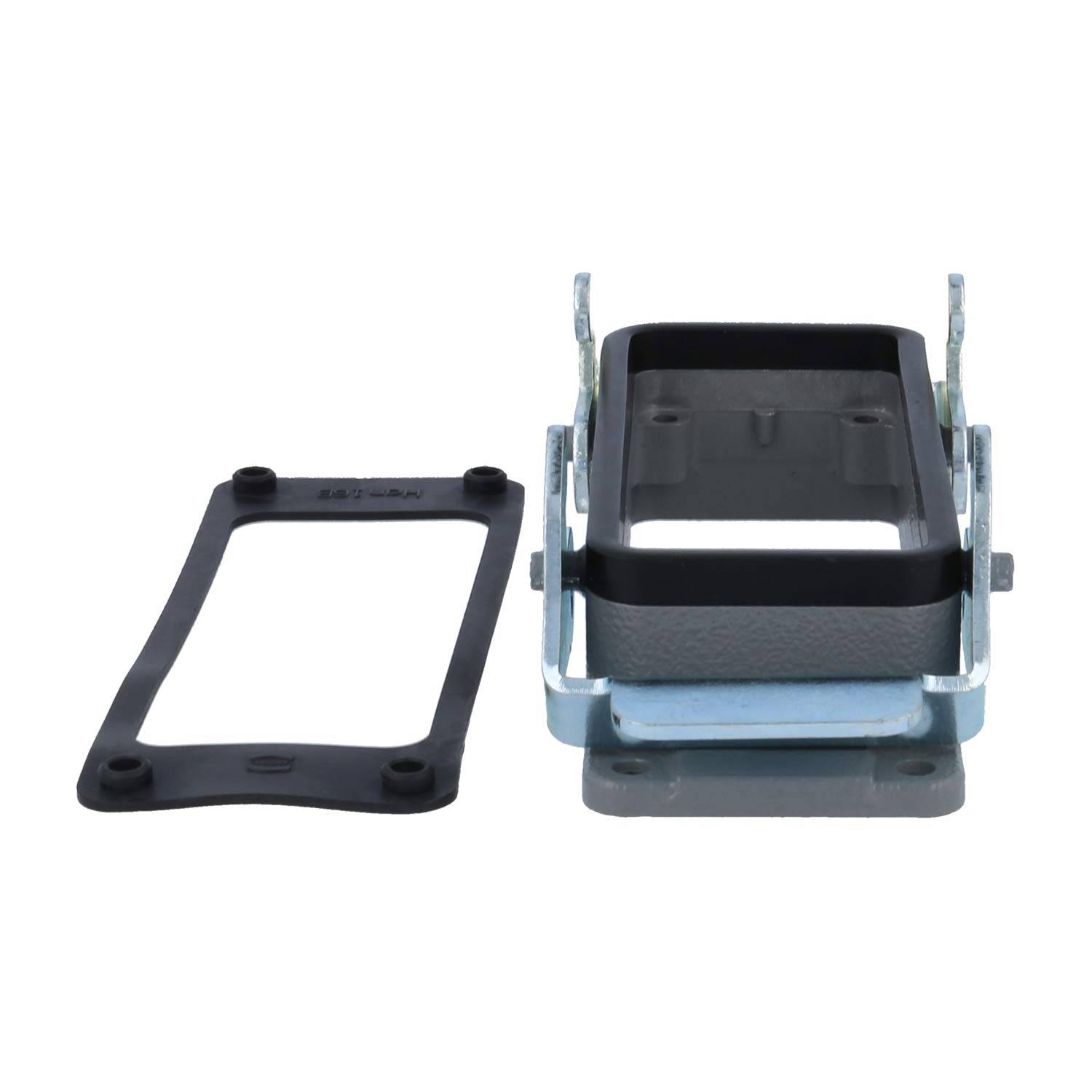 Wetterfeste elektrische Abdeckung - Metallische elektrische Anschlussdose mit Befestigungsbügeln, zusammen mit einer Gummidichtung, die zum Abdichten verwendet wird.