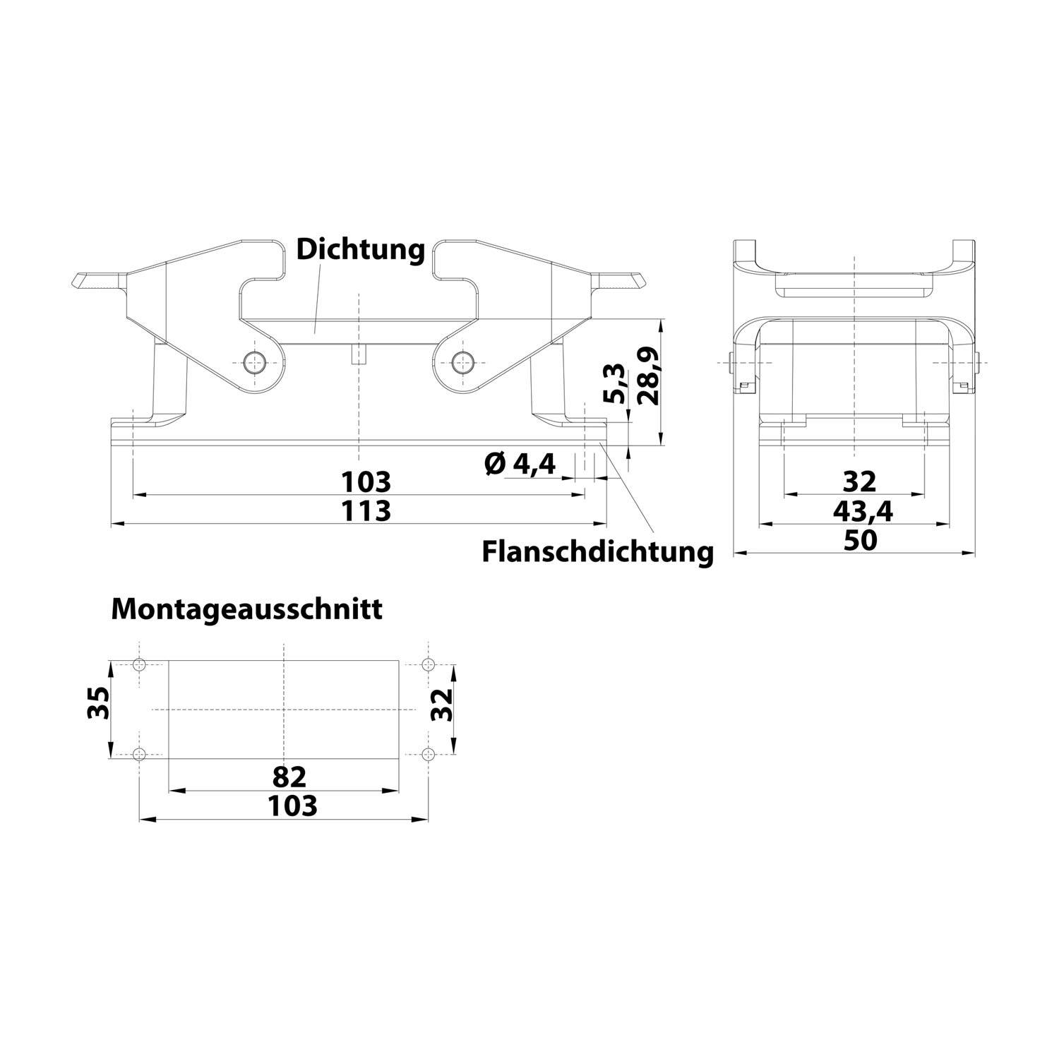 Technische Zeichnung einer Flanschdichtung mit Dimensionen in Millimetern: Breite 103, Höhe 5,3, Flanschdurchmesser Ø 4,4 und weitere Bezeichnungen.