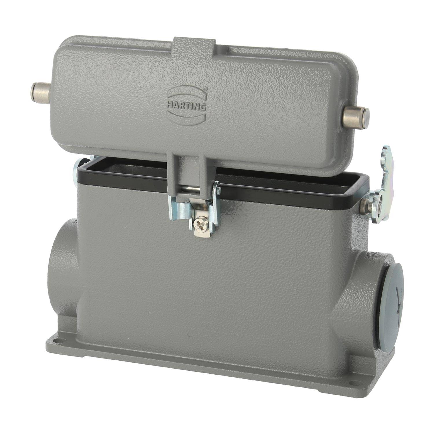 Ein graues elektrisches Anschlussgehäuse mit einem verriegelbaren Deckel, geeignet für industrielle Anwendungen. Der Markenname 'Harting' ist in den Deckel eingeprägt.