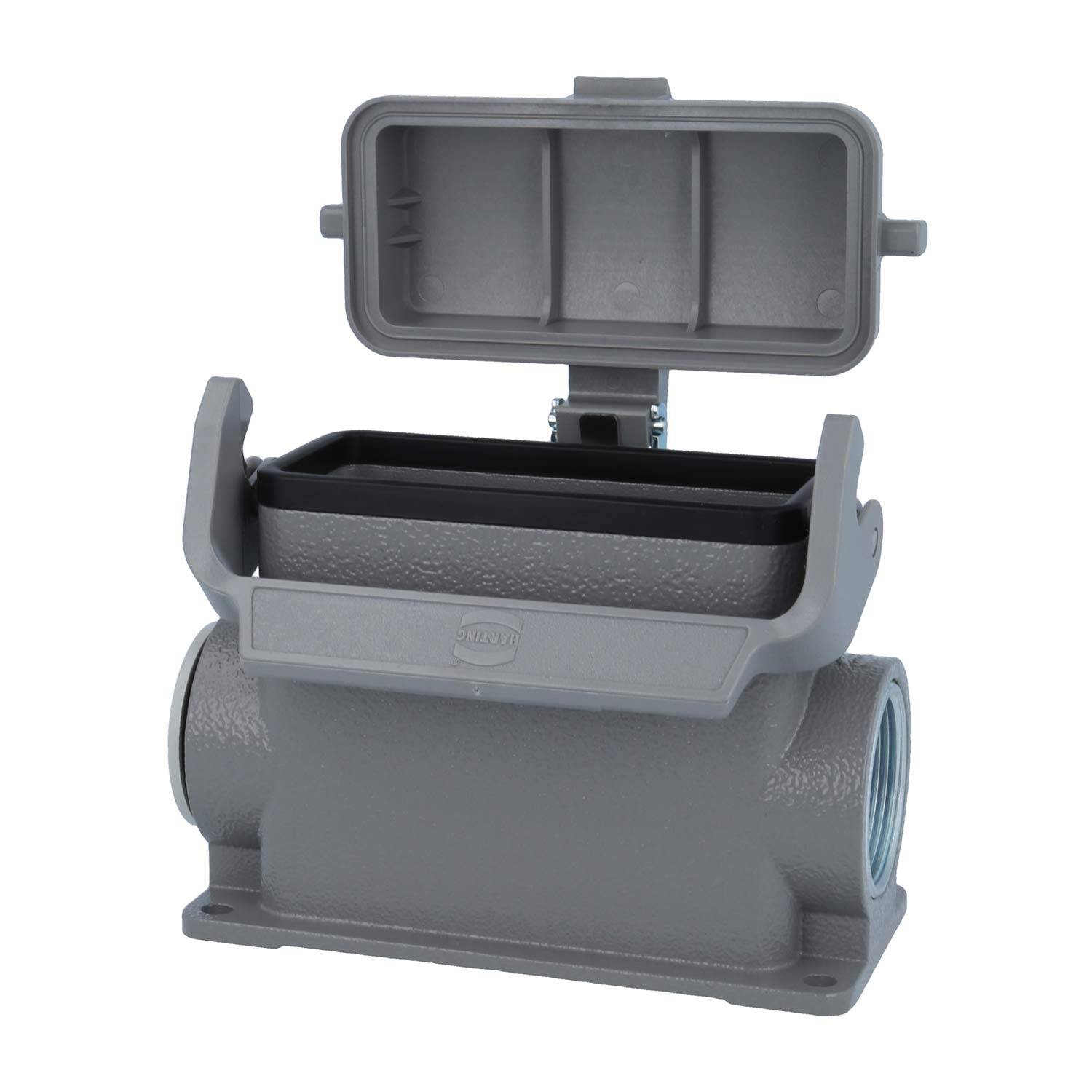 Ein grau industrieller Anschlussgehäuse mit offenem Deckel, der ein leeres Fach zum Anschluss elektrischer Komponenten zeigt.