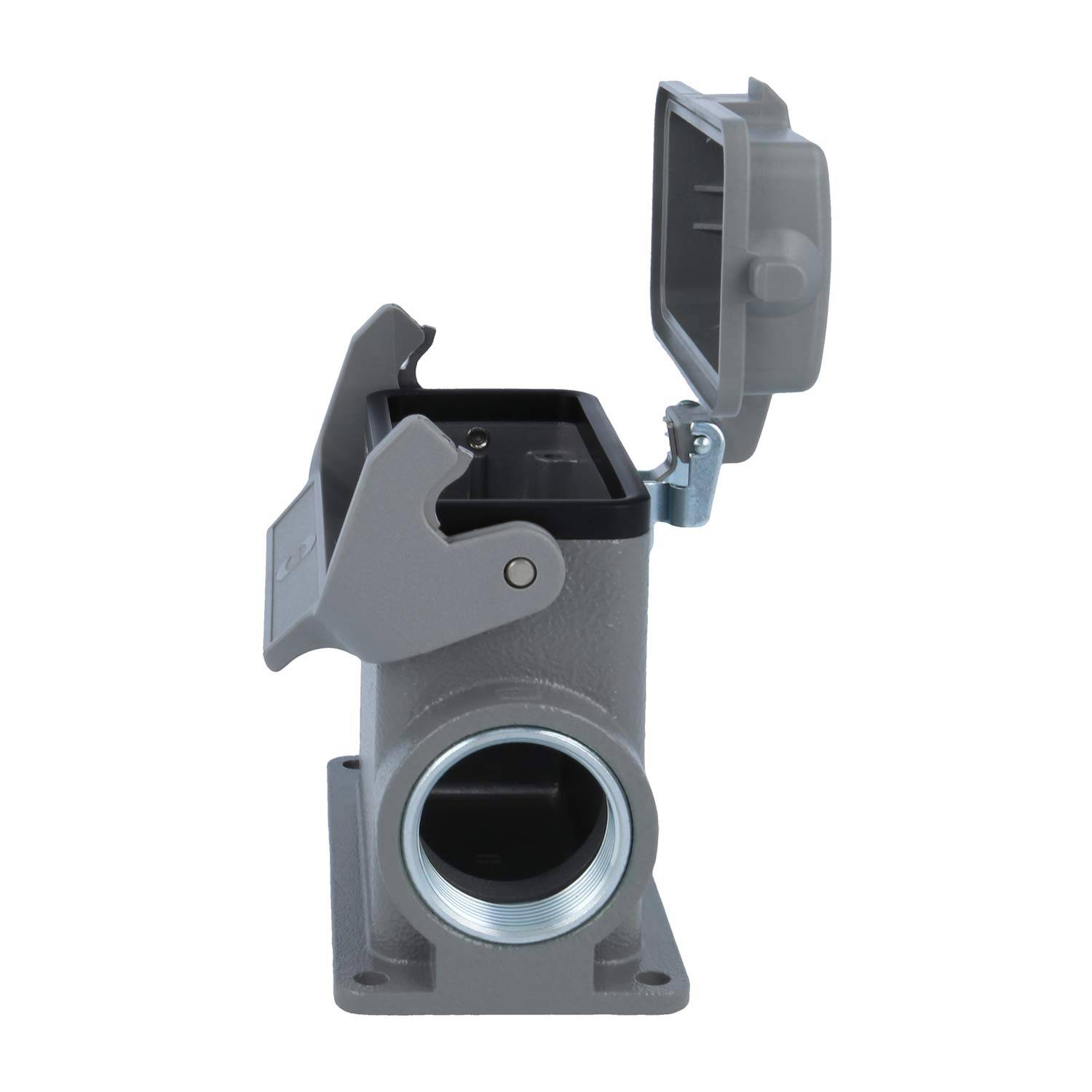 Graue rechteckige technische Anschlussbase mit offenem Deckel, kreisförmige Öffnung am Boden, konzipiert für robuste elektrische Verbindungen.