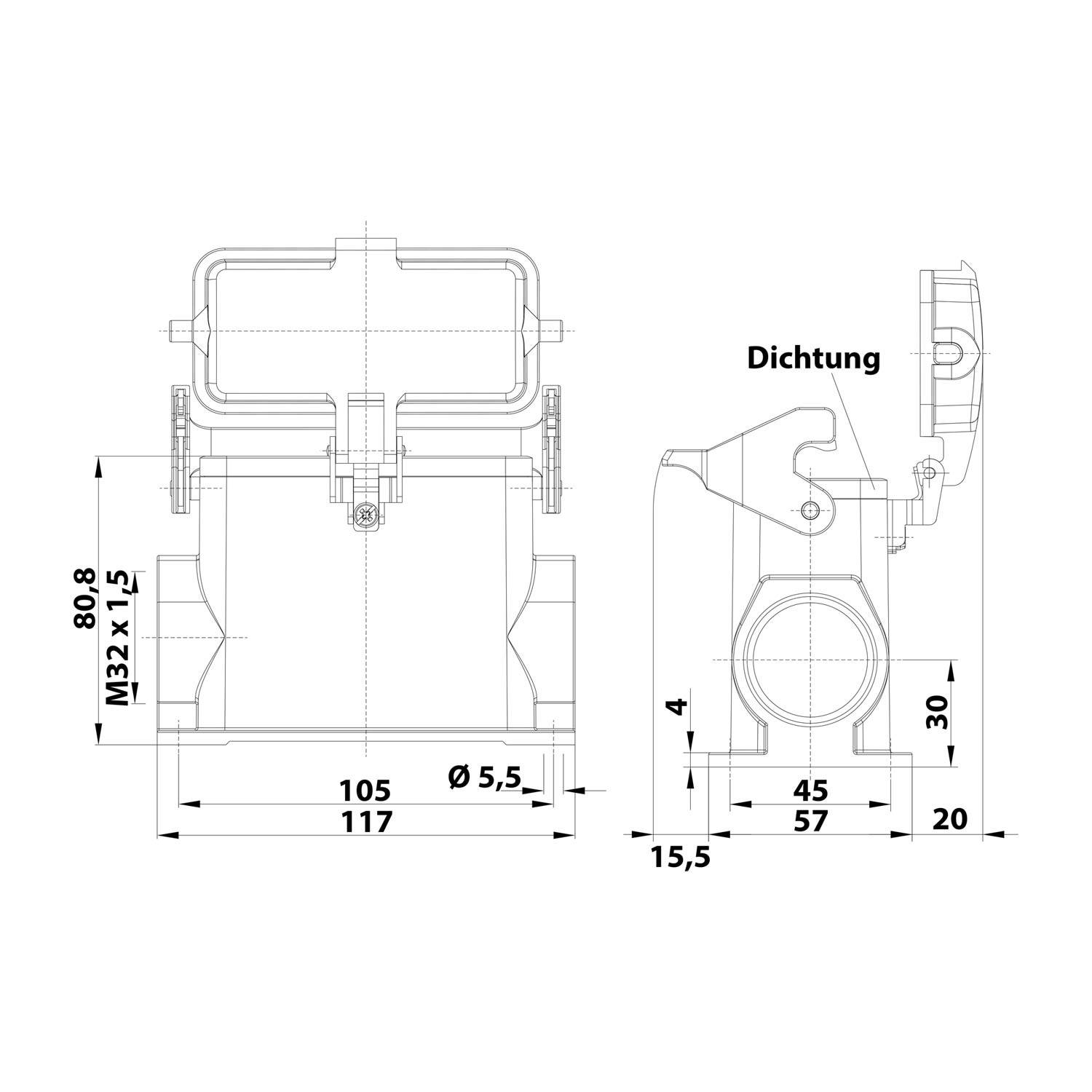 Technische Zeichnung eines Sanitärventils mit detaillierten Maßangaben in Millimetern. Vorder- und Seitenansicht werden dargestellt. Beschriftungen und Spezifikationen sind enthalten.