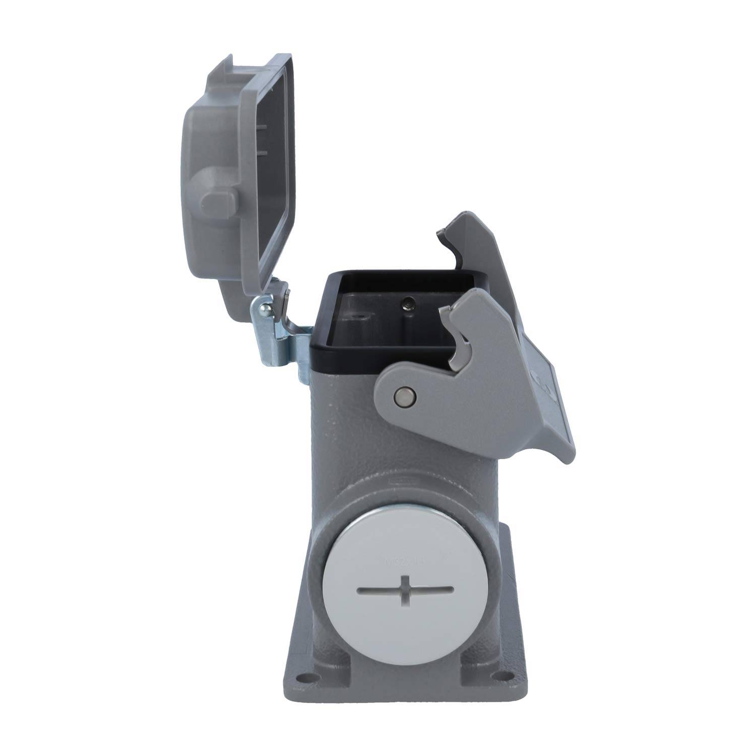 Elektrische Steckdosenbox mit offener Abdeckung, die Anschlusspunkte im Inneren zeigt. Die Box ist aus Metall und für den industriellen Einsatz konzipiert.