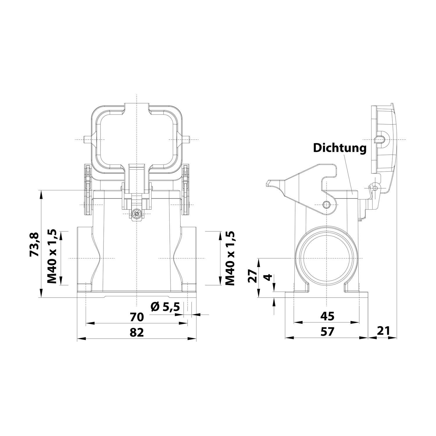 Technische Zeichnung eines Ventils mit Maßangaben in Millimetern, die die Platzierung der Dichtung und wichtige Abmessungen veranschaulicht.