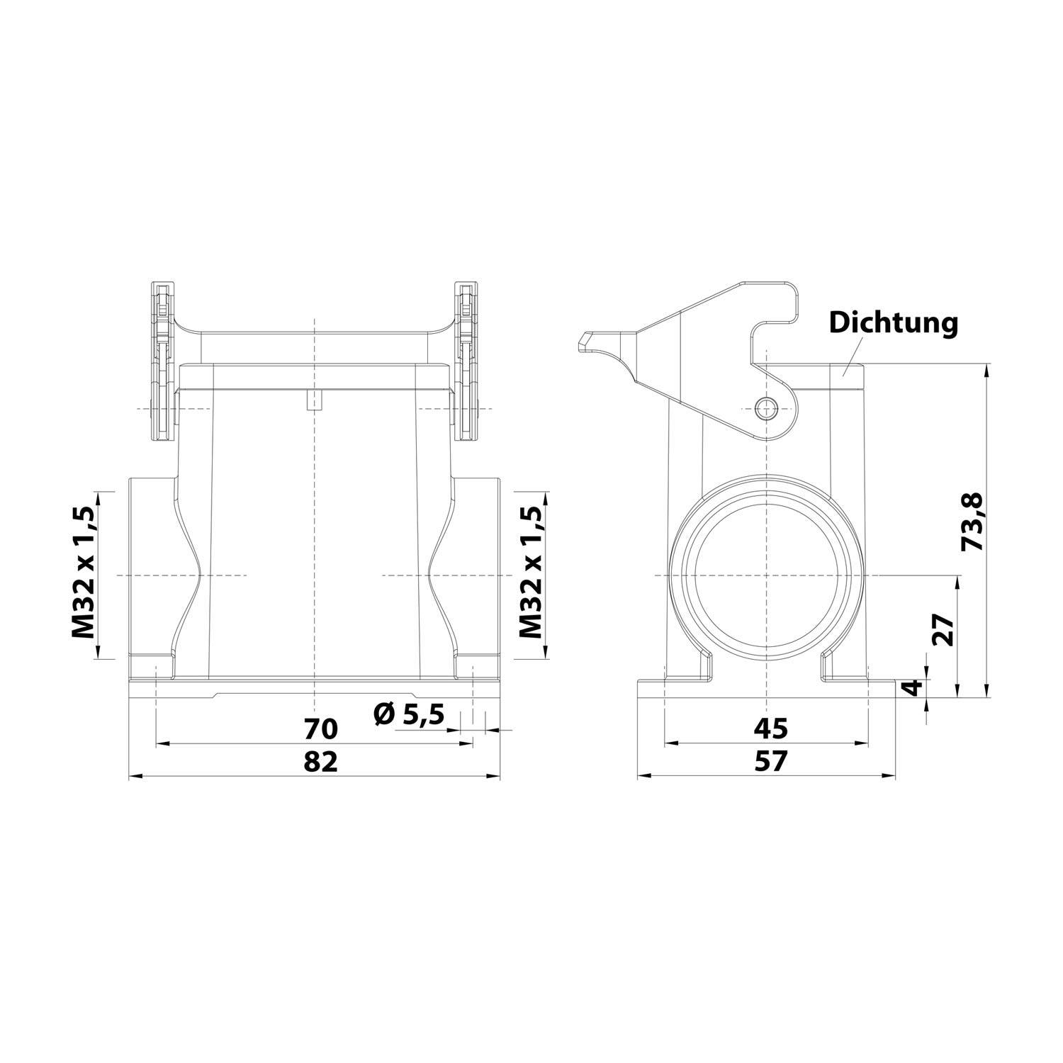 04300060264 HARTING Han 6B Sockelgehäuse hoch, 2xM32 seitlicher Kabelabgang, mit 1 Längsbügel Verschraubung M32