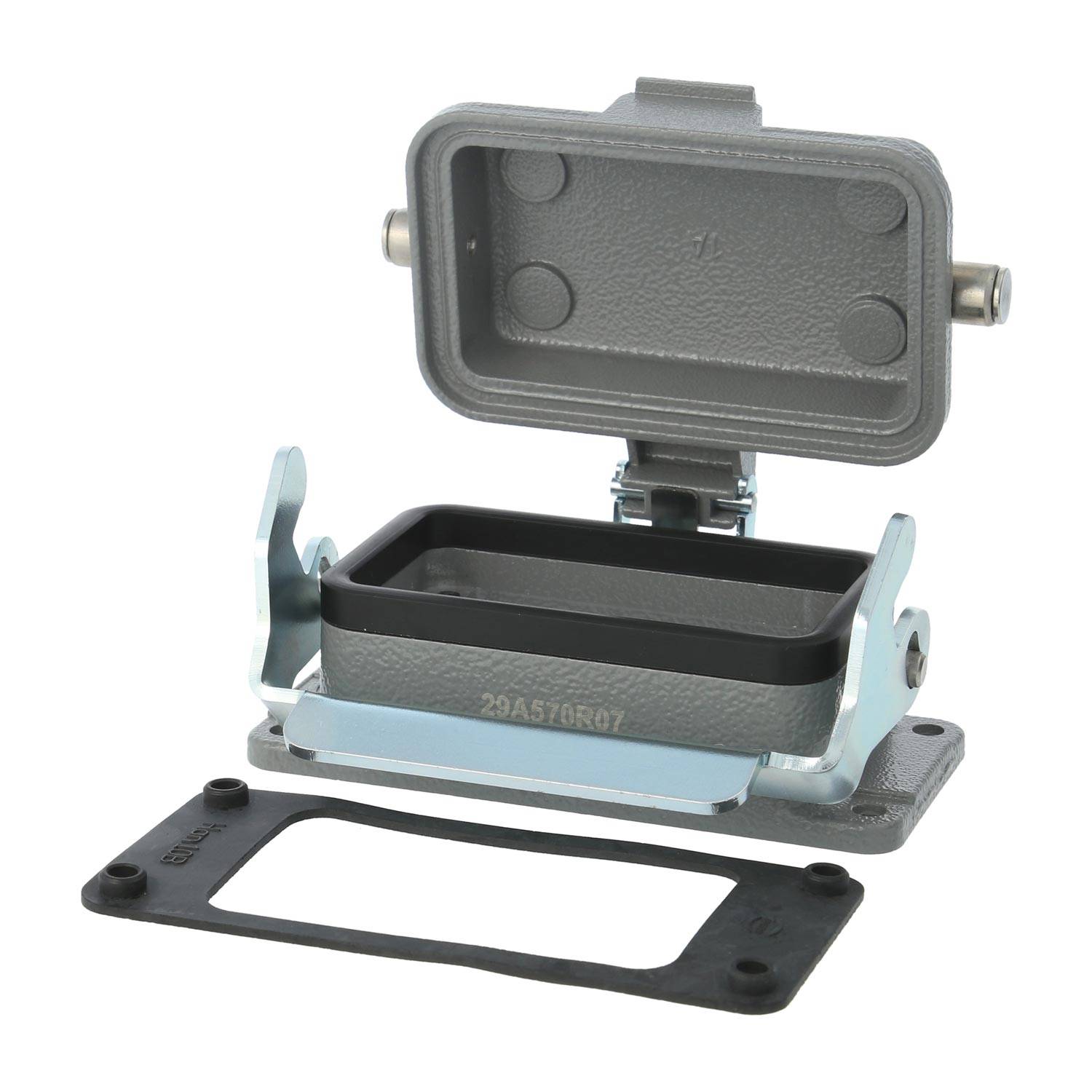 Eine graue rechteckige Metall-Elektroverteilerbox mit offener Klappe, die einen leeren Innenraum und eine abgenommene Gummidichtung darunter zeigt.