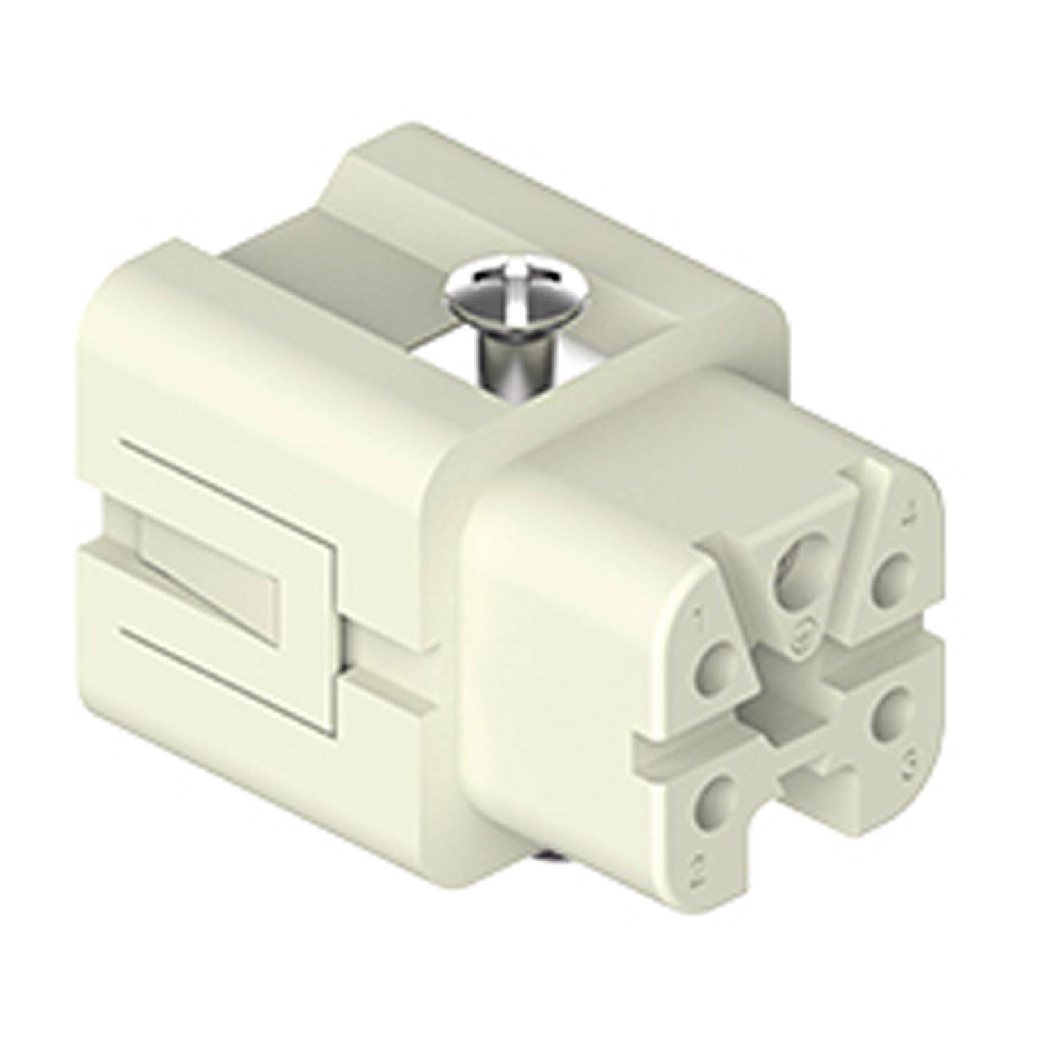 Ein Vier-Terminal-Elektroverbinder mit einer zentralen Schraube, konzipiert für sichere Kabelverbindungen, in Beige dargestellt.