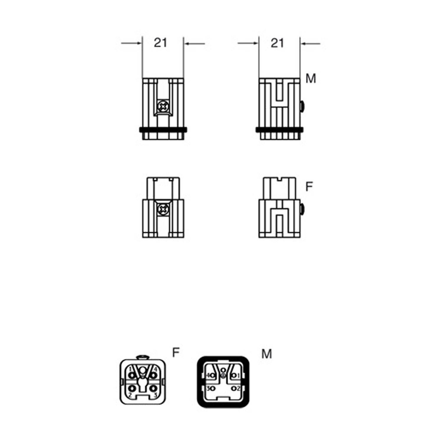 Diagramm zur Darstellung der Abmessungen und Verbindungen für zwei elektrische Anschlüsse mit den Bezeichnungen ‚F' und ‚M', die jeweils eine Breite von 21 mm aufweisen.