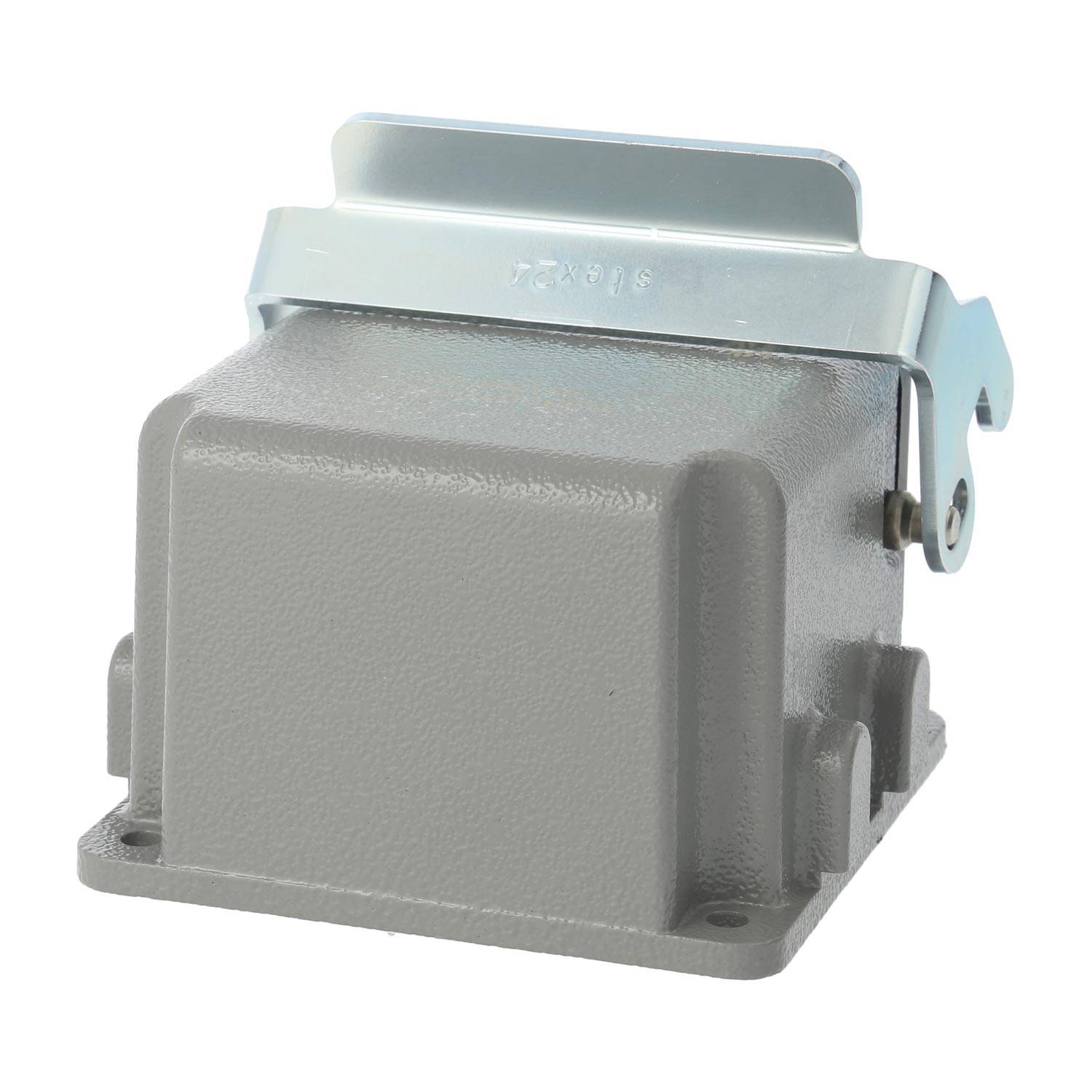 Ein graues elektrisches Verbindungsgehäuse mit einem Metallverschluss oben, das für eine sichere Abdeckung von Kabelverbindungen konzipiert ist.