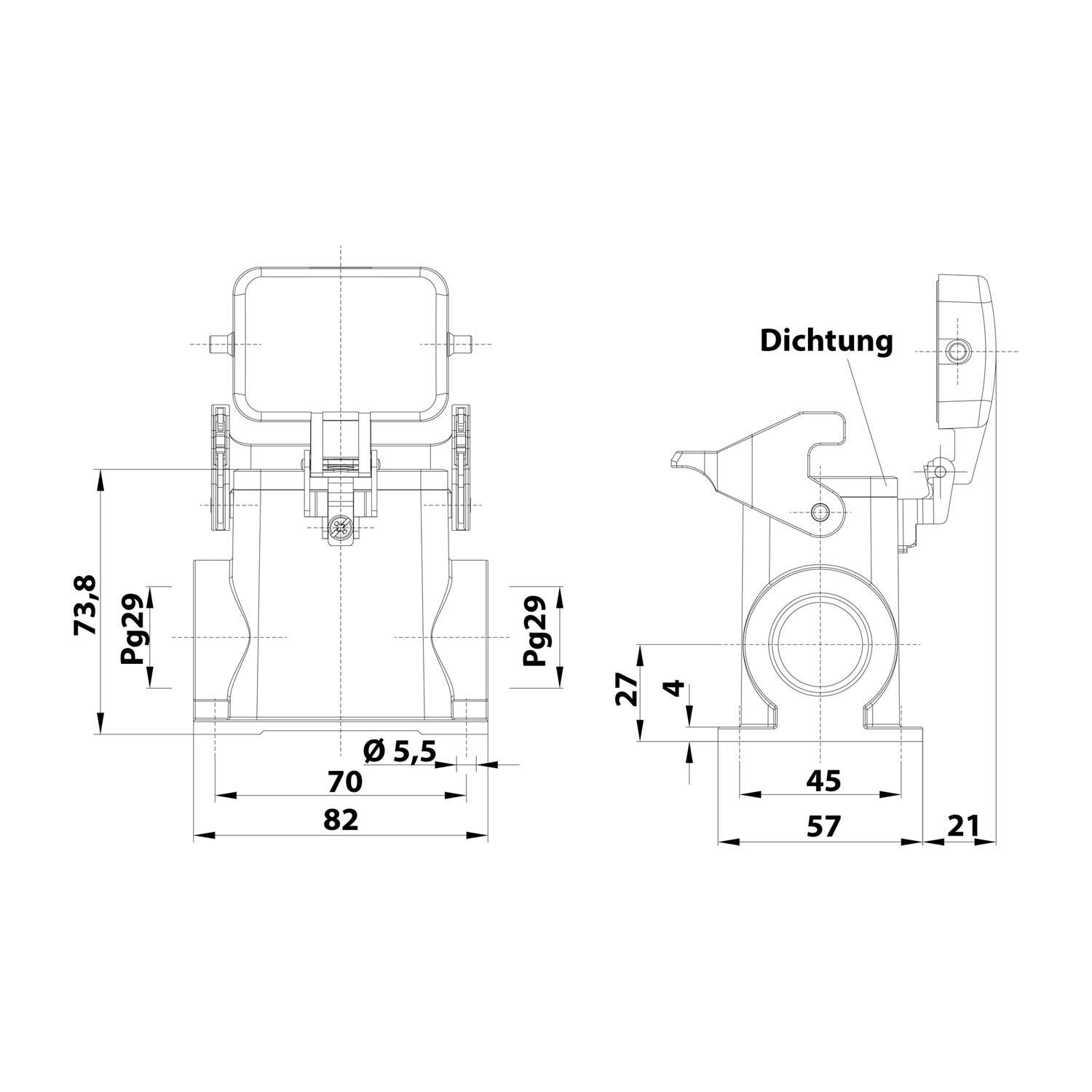 Technische Zeichnung eines mechanischen Bauteils mit Abmessungen in Millimetern, mit beschrifteten Merkmalen einschließlich Durchmesser, Höhe und Breite.
