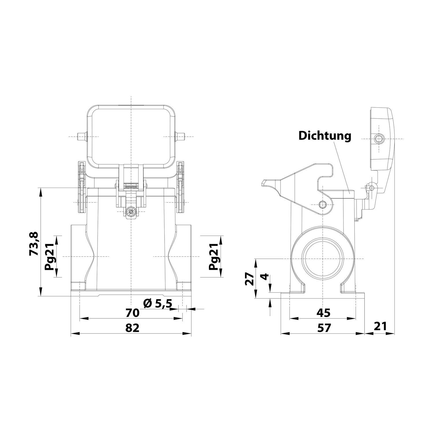 Technische Zeichnung eines Ventilsystems mit Abmessungen: 73,8 mm Höhe, 82 mm Breite. Darstellung von Maßangaben und beschrifteten Bauteilen, einschließlich 'Dichtung', die eine Dichtung bezeichnet.