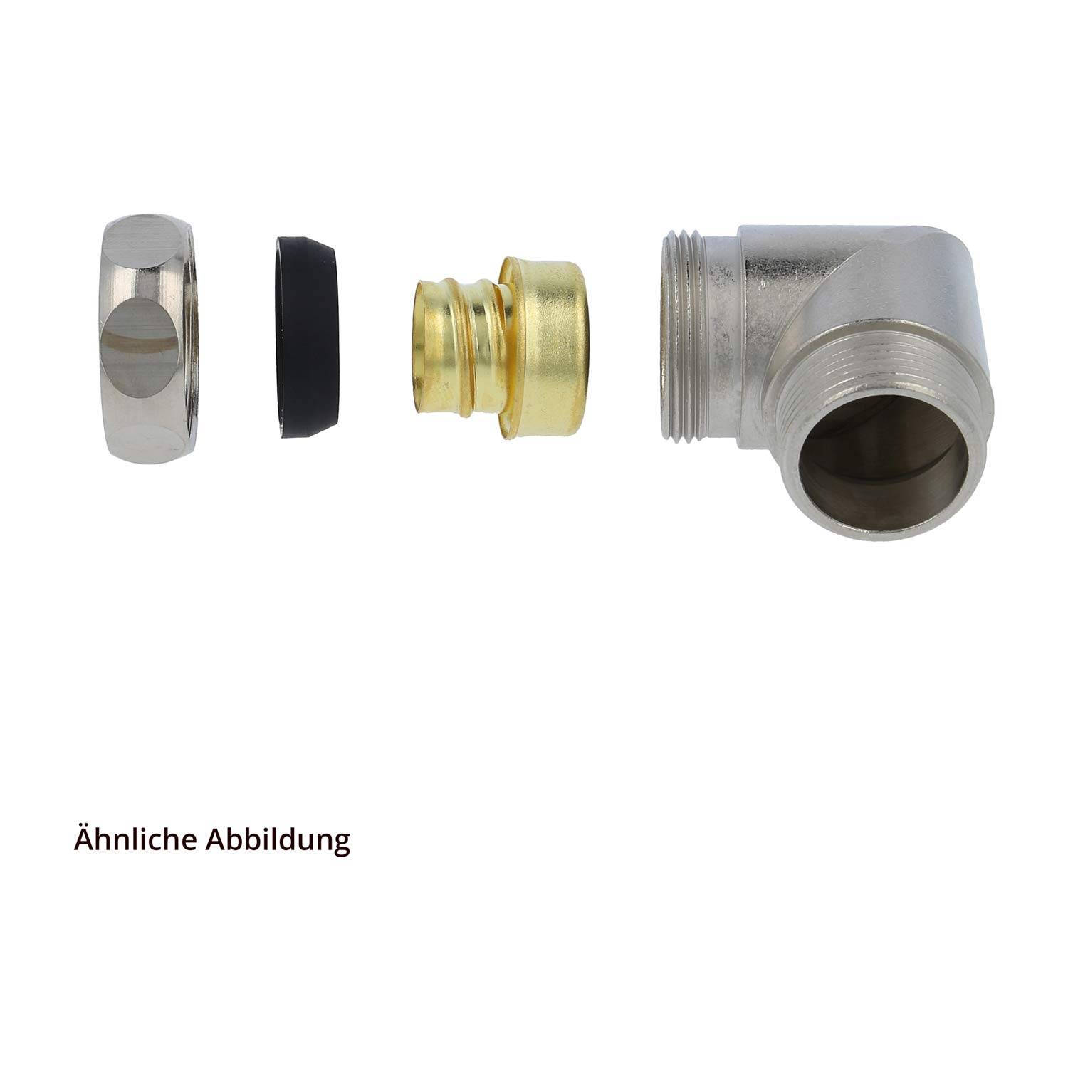 Teile eines Rohrbogen-Fitting: Metallkappe, schwarze Dichtung, Messingring und Bogenstück. Text auf Deutsch sagt 'Ähnliche Abbildung'.