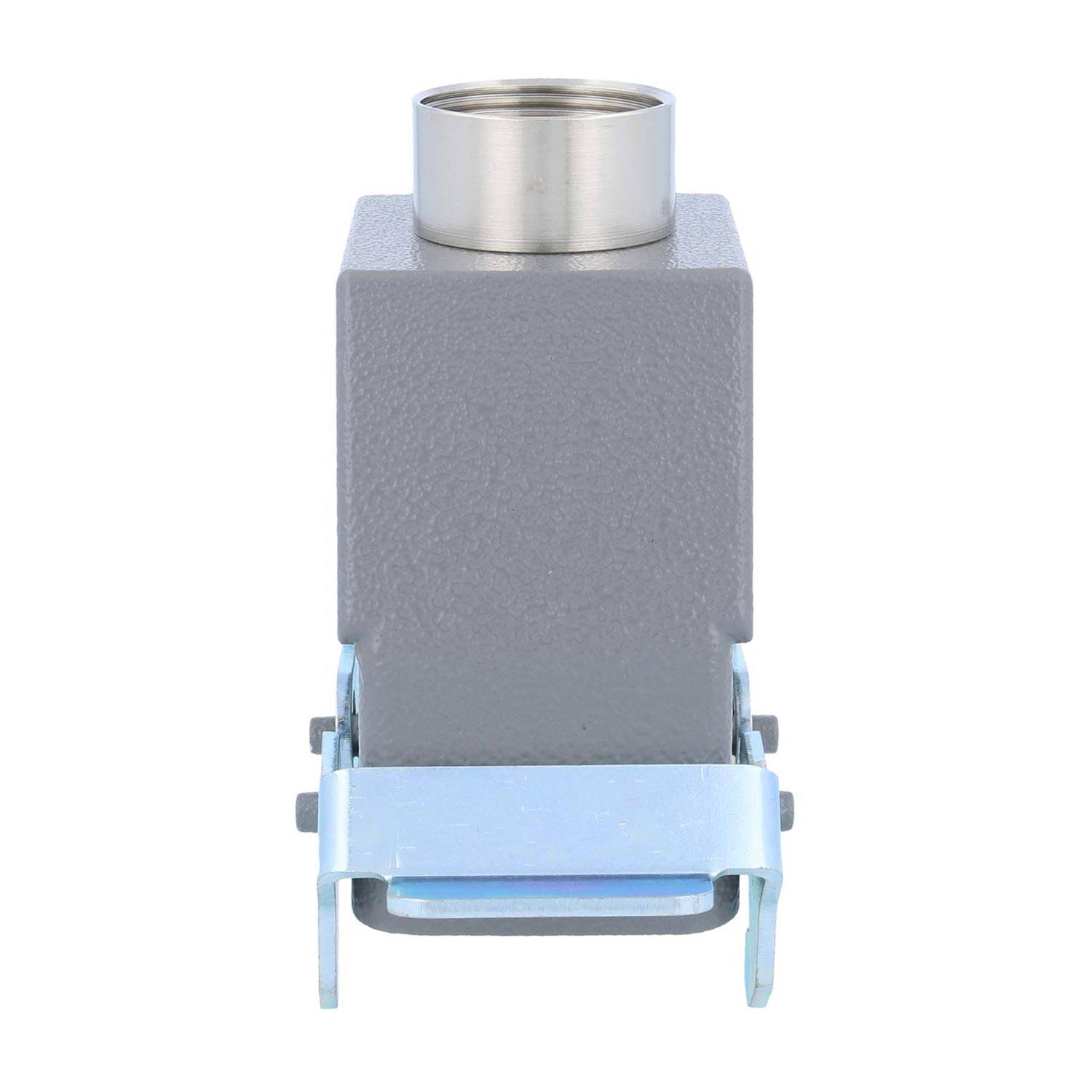 Ein graues rechteckiges industrielles Anschlussgehäuse mit einer metallischen kreisrunden Öffnung auf der Oberseite und einem Verschluss an der vorderen Unterseite.