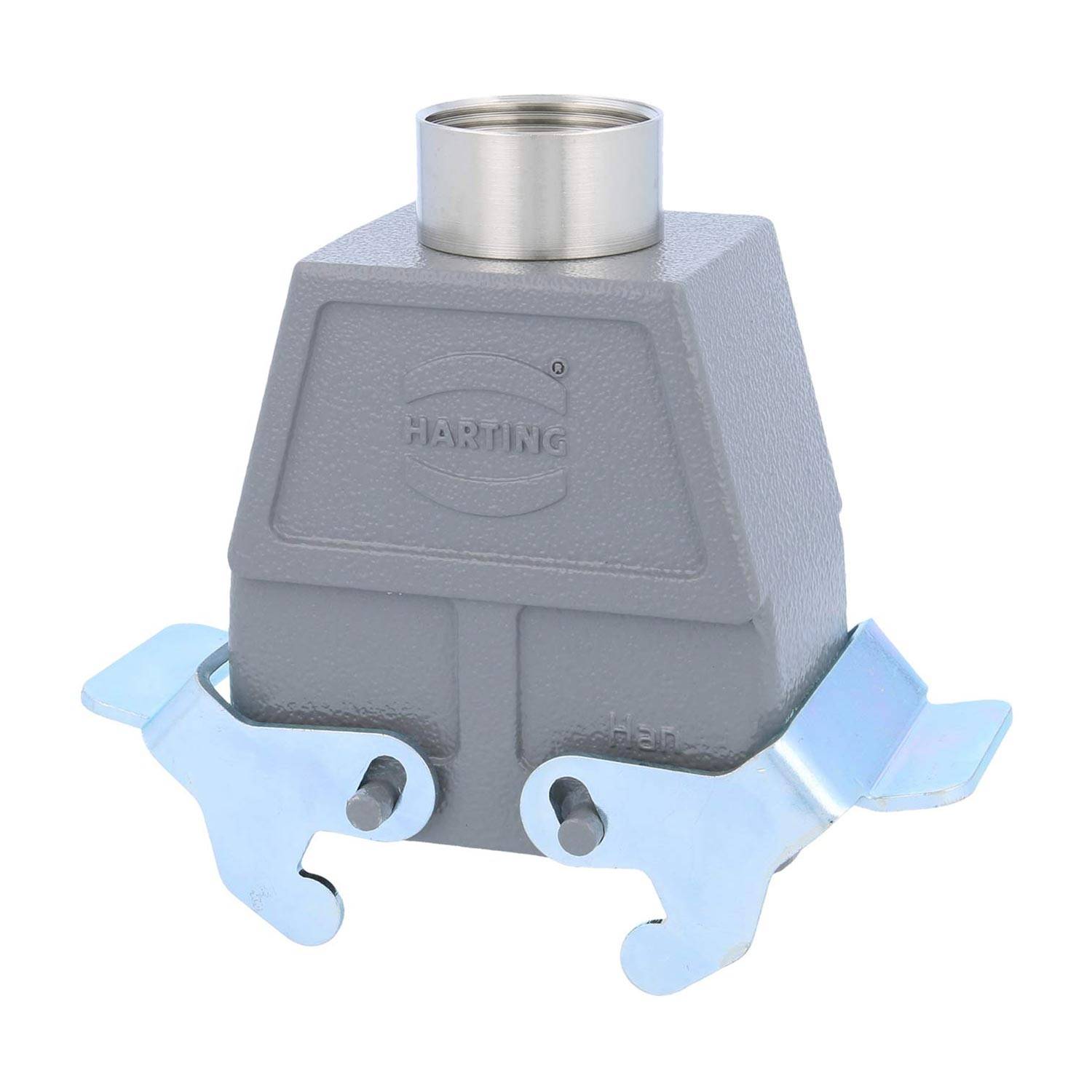 Ein rechteckiges graues elektrisches Anschlussgehäuse mit einer zylindrischen Öffnung an der Oberseite und Metalllaschen an jeder Seite.