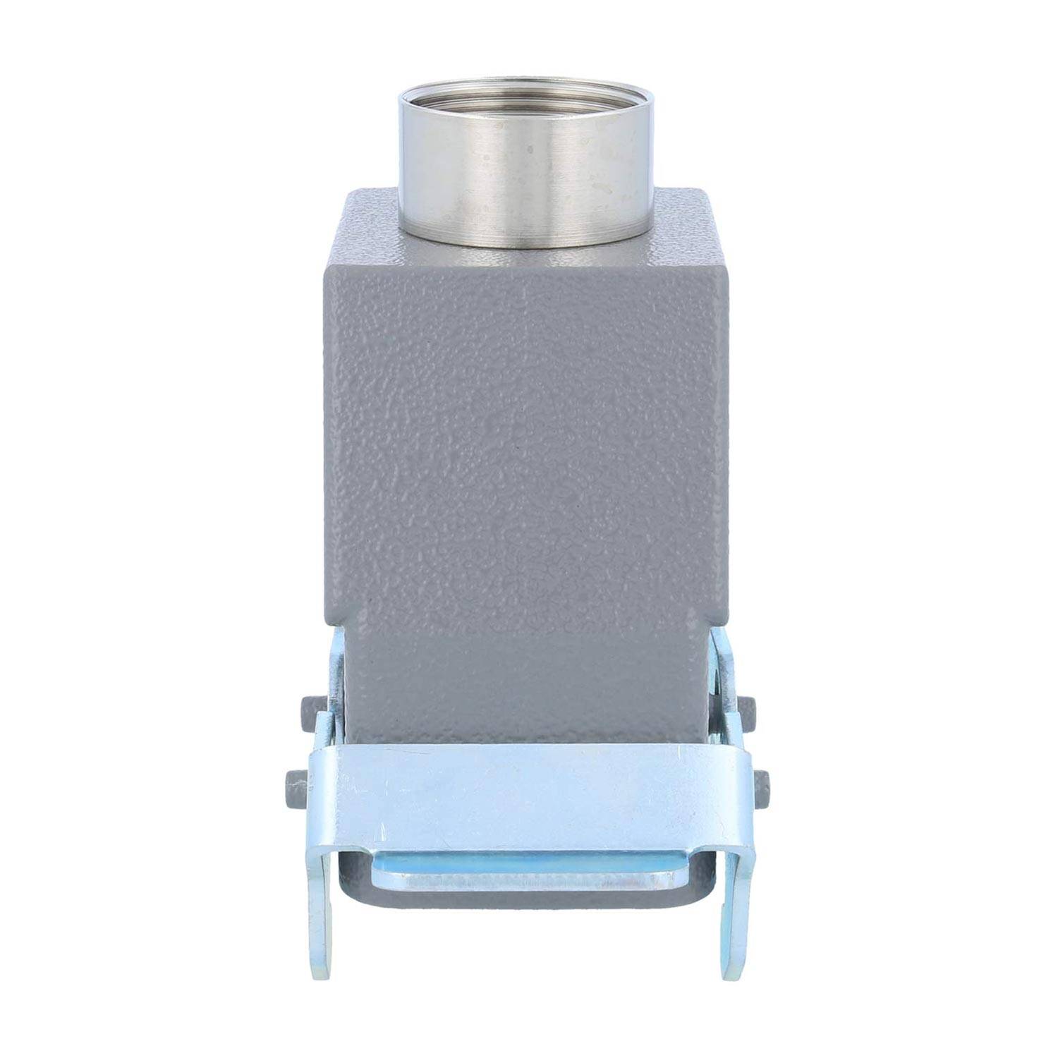 Eine graue rechteckige Industriekomponente mit einer metallischen Rundöffnung oben und einem blauen Verschluss unten, geeignet für mechanische Verbindungen.