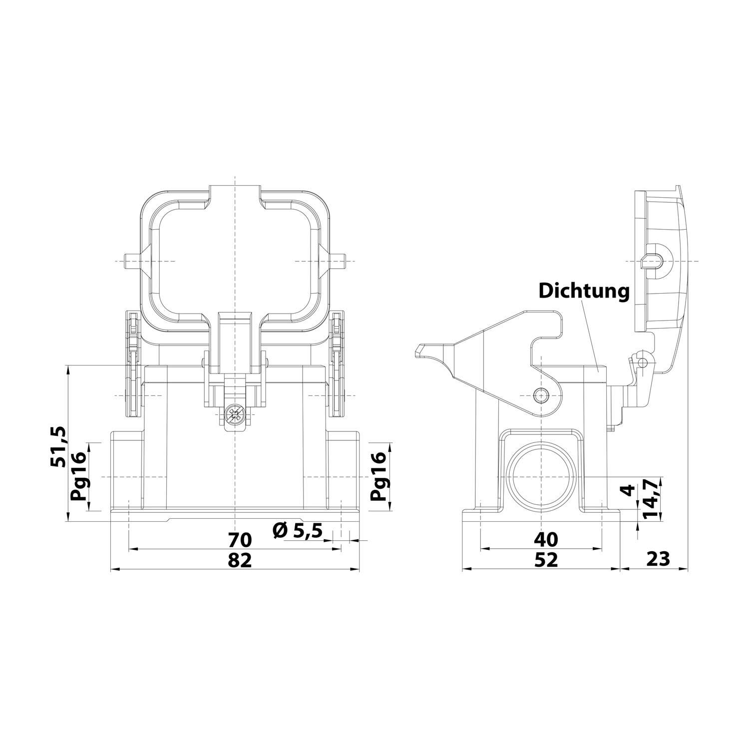 04300061296 HARTING Han 6B Sockelgehäuse niedrig, 2xPG16 seitlicher Kabelabgang, mit 1 Längsbügel mit Schutzkappe