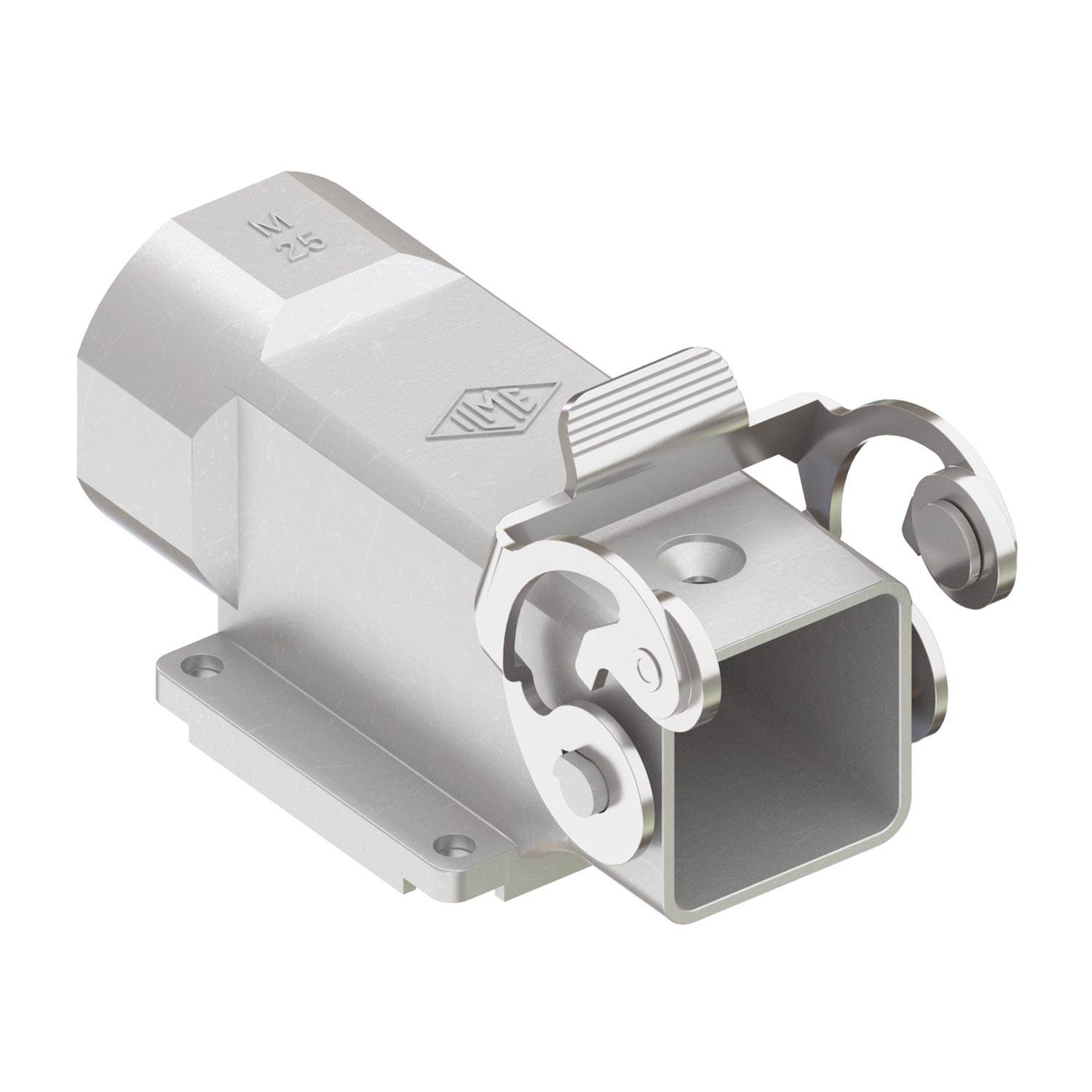 Metallischer Verbinder mit quadratischer Öffnung und abgerundeten Scharnieren, verwendet zum Anschließen von Rohren oder Kabeln.