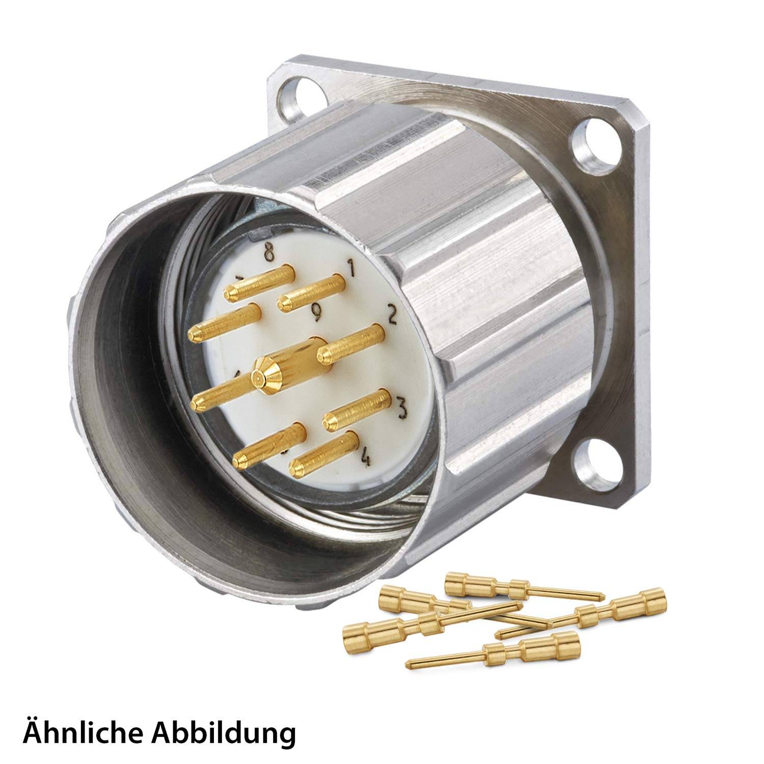 Ein Metallverbinder mit Montageplatte, acht Goldstiften und mehreren separaten Goldstiften wird vor einem weißen Hintergrund präsentiert.