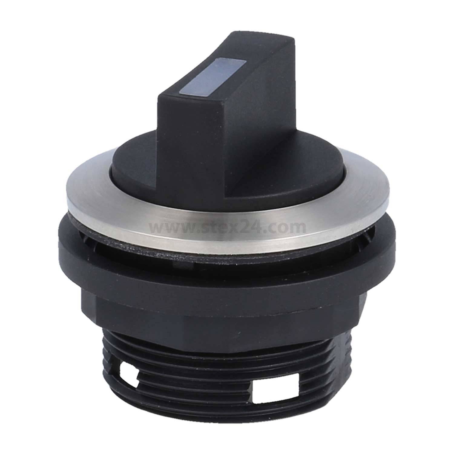 Ein schwarzer und silberner Drehschalterknopf mit einem gerillten unteren Bereich und einer flachen Oberseite, die eine dunkle Blende aufweist, geeignet für Kontrollpanels oder Geräte.