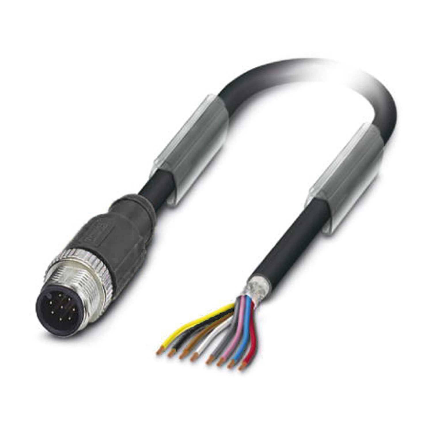 Ein schwarzes Kabel mit einem Mehrfach-Steckverbinder an einem Ende und freigelegten farbigen Drähten am anderen Ende, was verschiedene elektronische Verbindungen andeutet.