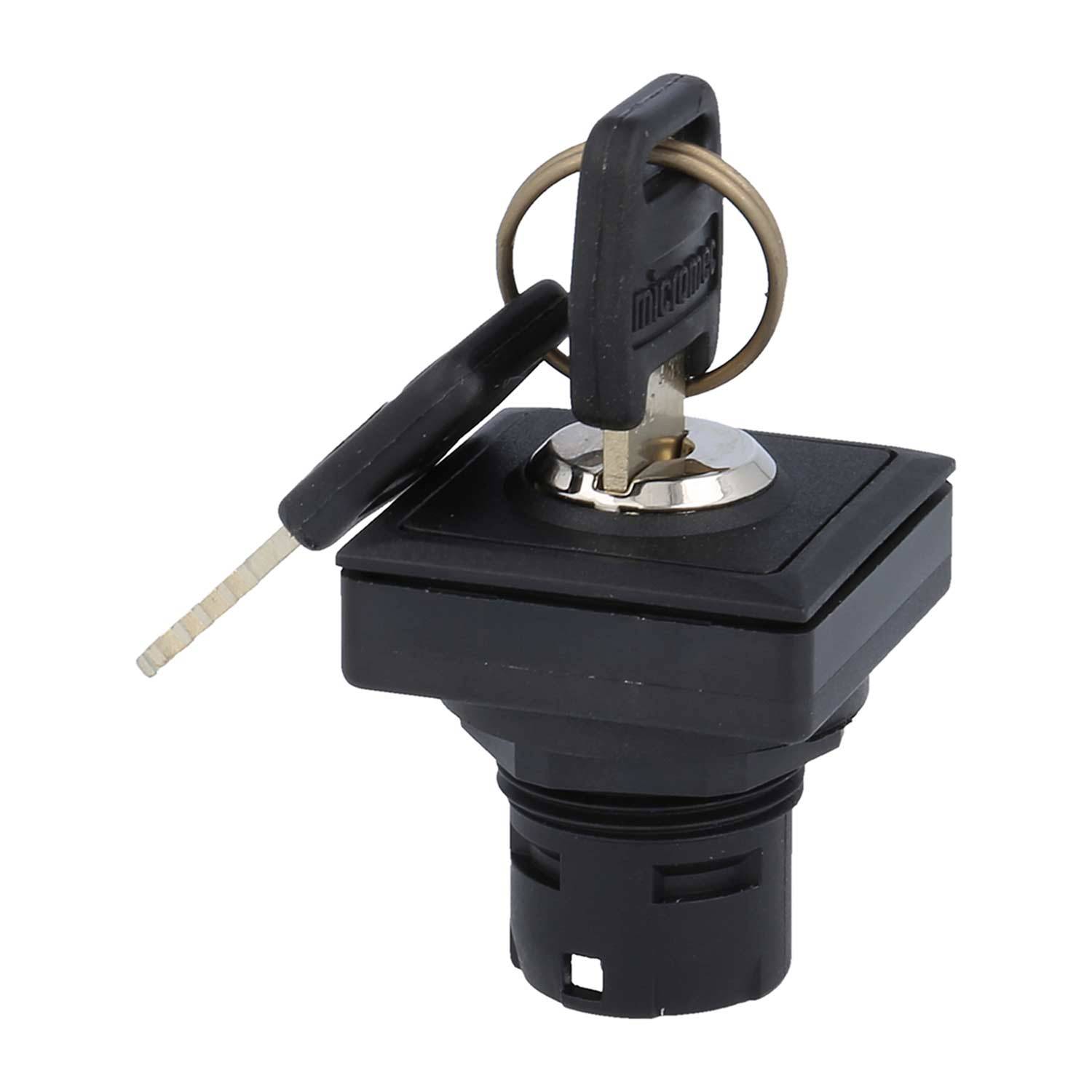 Ein schwarzer Drehschalter mit eingelegtem Schlüssel, verwendet für Elektrische Verteilerkästen, mit quadratischem Gehäuse und kreisförmiger Basisanbindung.