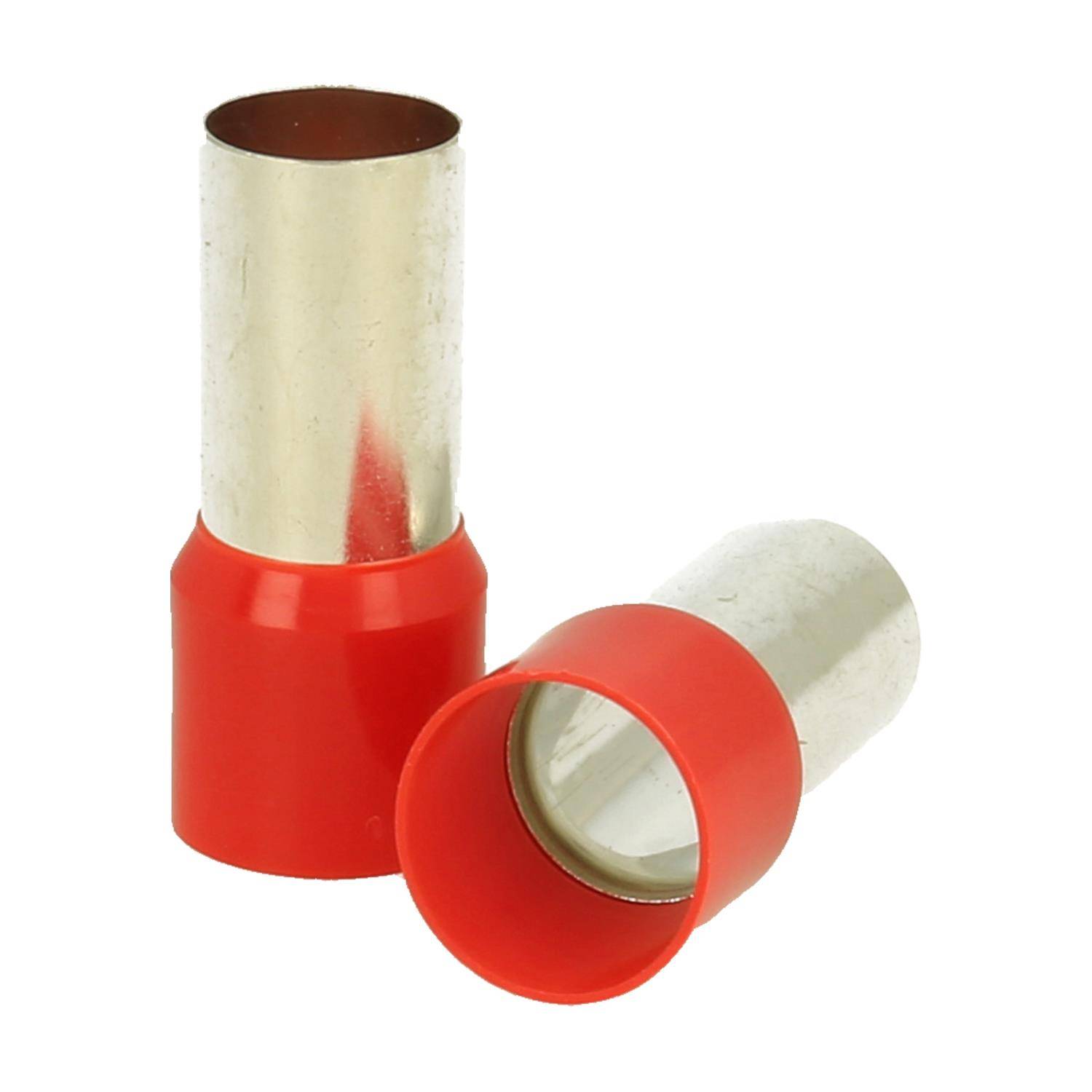 Zwei rote und silberne Metallverbinder, einer aufrecht stehend und der andere liegend, für elektrische Anwendungen.