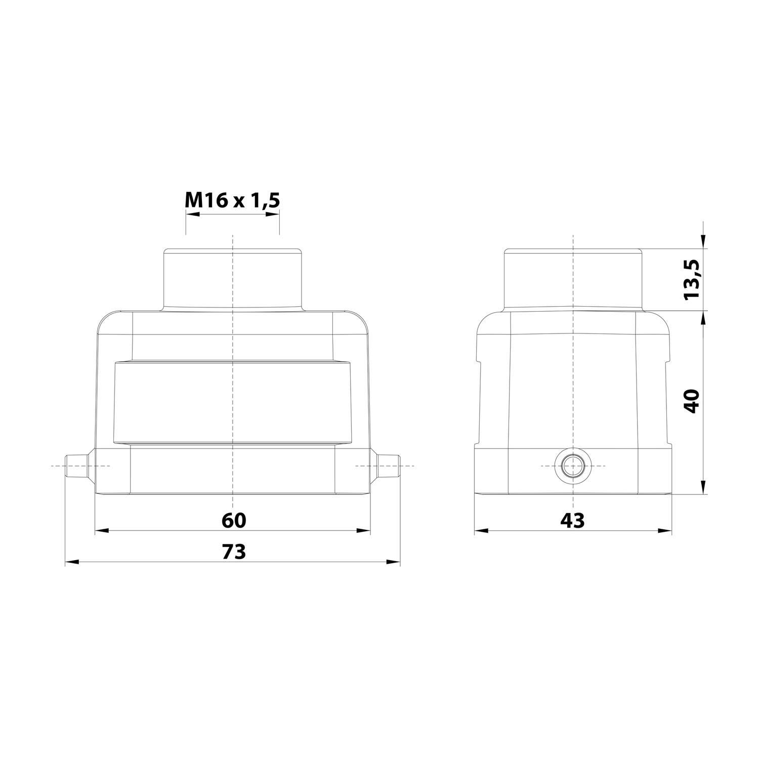 Technische Zeichnung einer zylindrischen Komponente mit Abmessungen: 73 mm Breite, 40 mm Höhe und M16 × 1,5 Gewinde. Front- und Seitenansicht dargestellt.