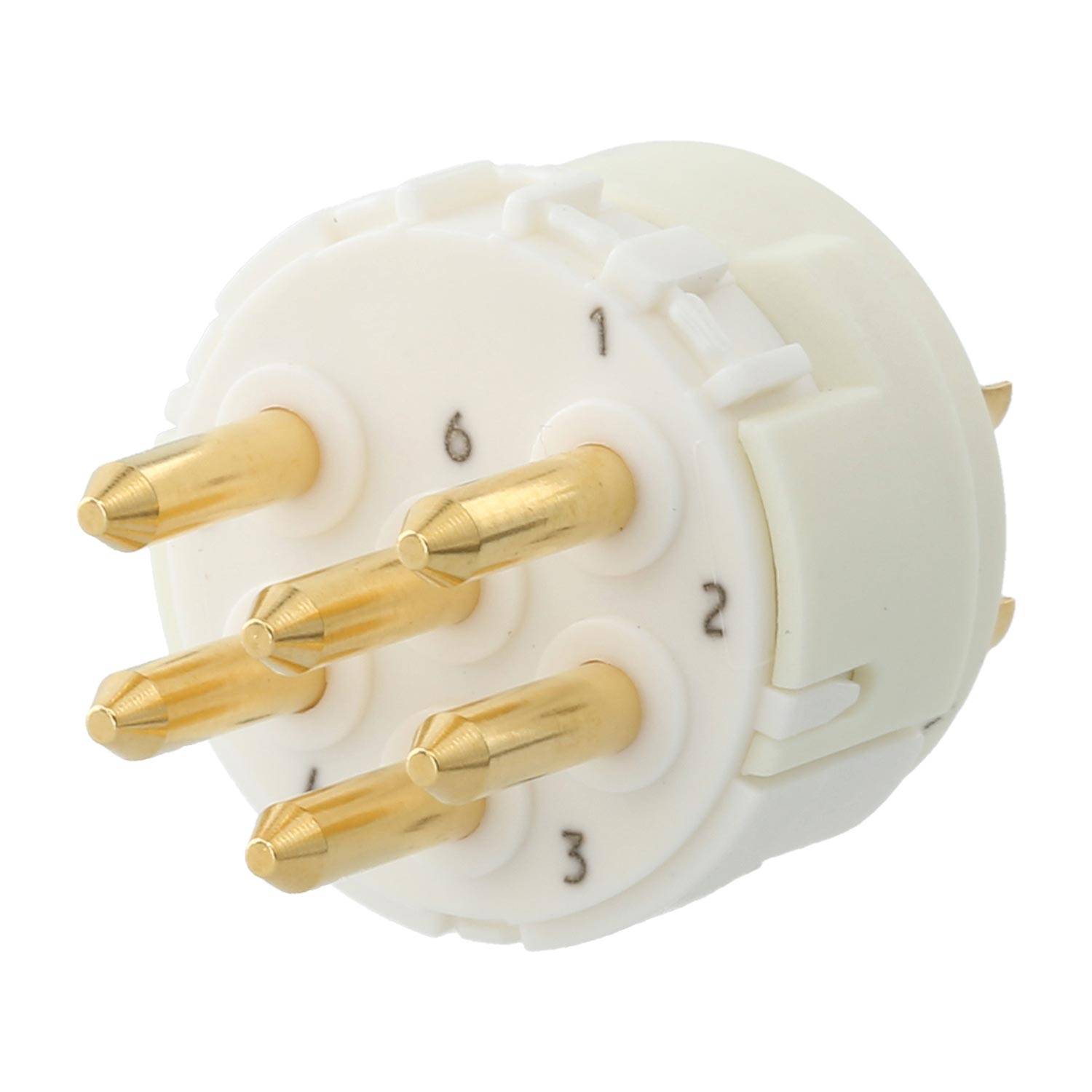 Weißer Rotary-Schalter mit sechs Goldstiften, von 1 bis 6 beschriftet, verwendet für elektronische Verbindungen.