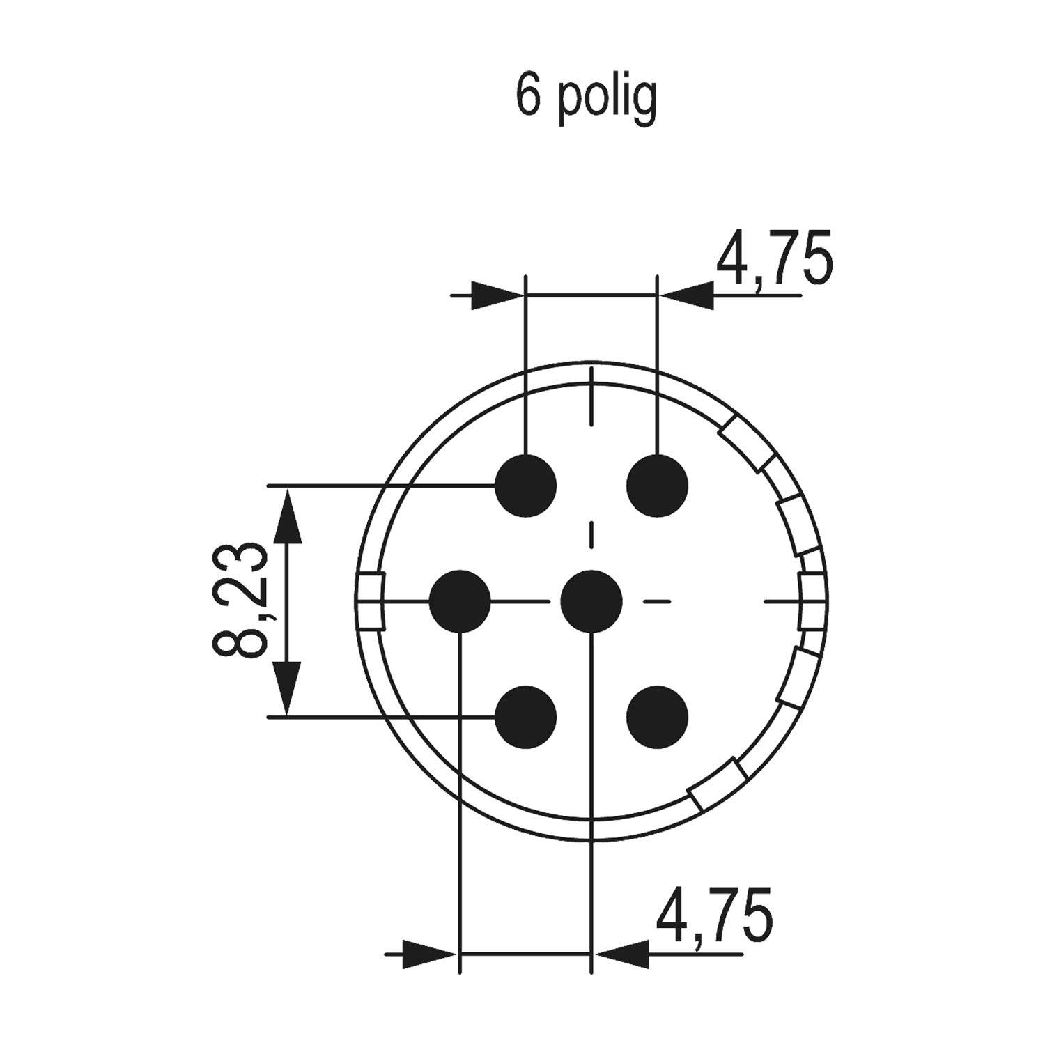 Diagramm eines 6-poligen Anschlusses. Zeigt einen Kreis mit sechs gleichmäßig verteilten schwarzen Punkten im Inneren. Beschriftete Abmessungen: 8,23 und 4,75.