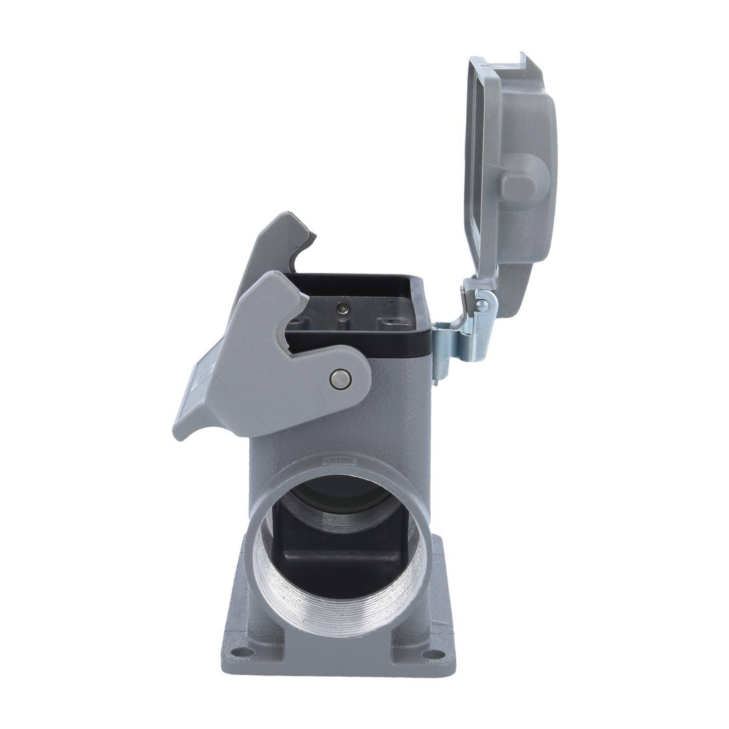 Eine industrietaugliche graue Steckdose mit klappbarem Schutzdeckel, geöffnet zur Sichtbarmachung des Anschlussbereichs, geeignet für Einsätze mit hoher elektrischer Belastung.