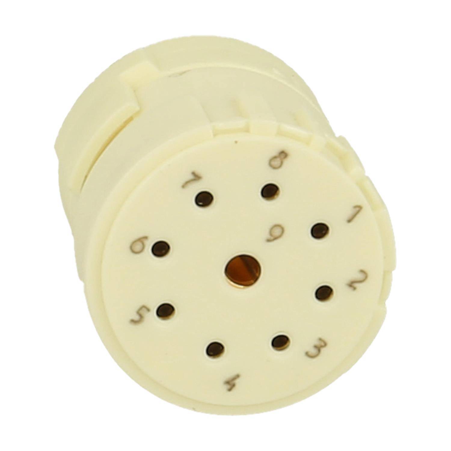 Eine beige kreisförmige elektronische Komponente mit neun nummerierten Löchern, die in einem Kreis angeordnet sind und für elektrische Verbindungen verwendet wird.