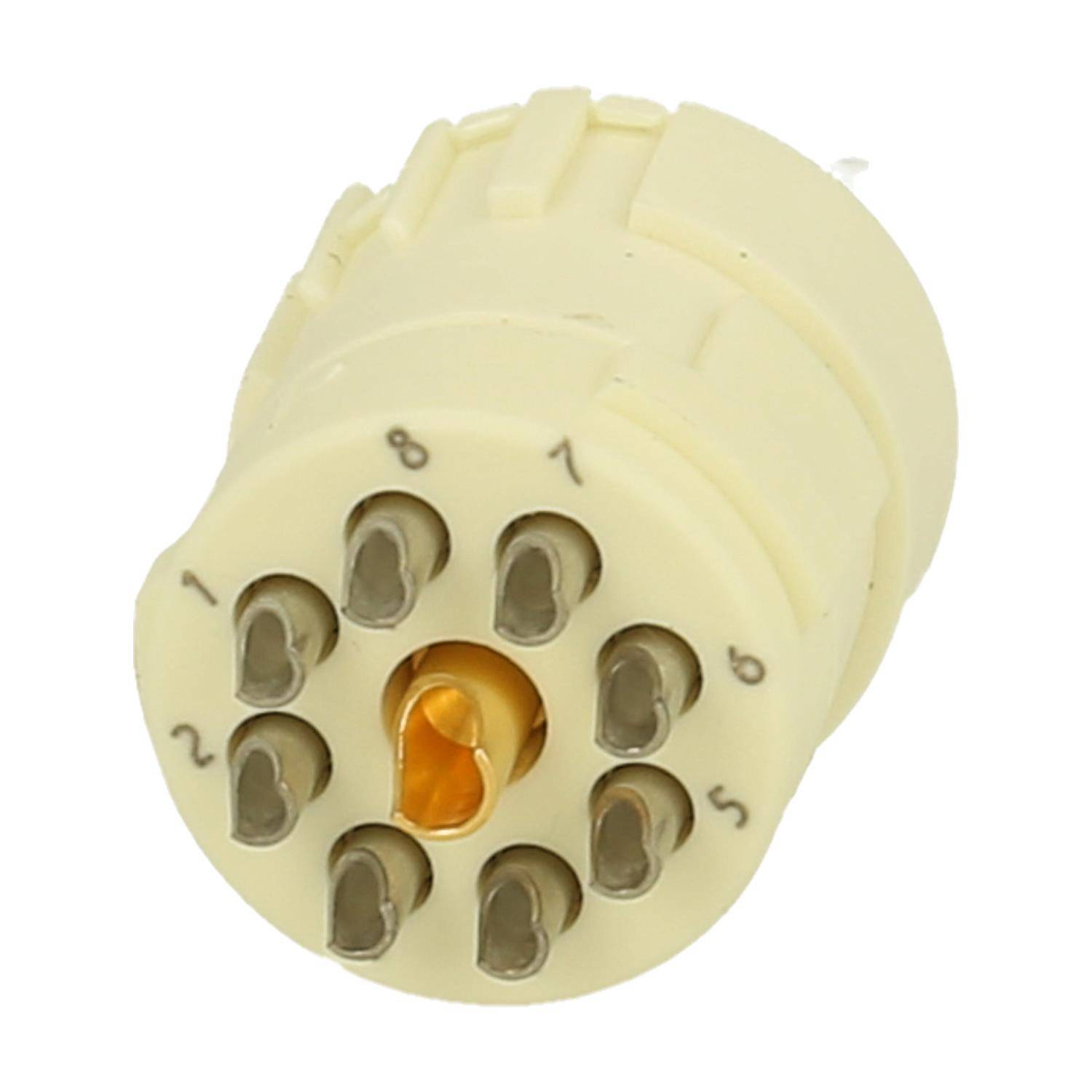 Eine beige 9-polige Vakuumröhrenfassung mit nummerierten Kontakten für elektronische Bauteile, verwendet in Audio- und Radiogeräten.