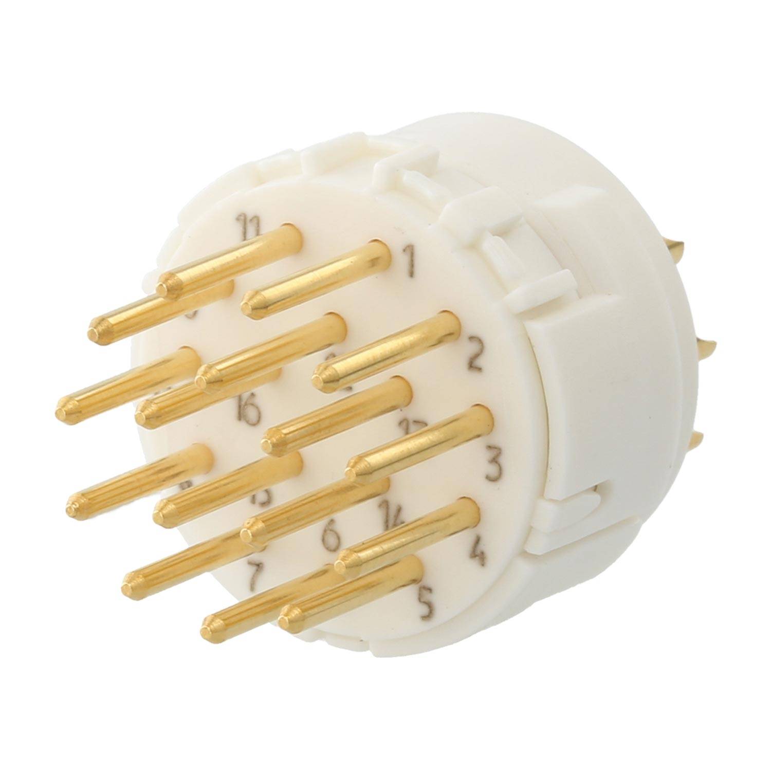 Ein zylindrischer weißer Anschluss mit 12 goldenen Stiften, die in zwei Kreisen angeordnet sind. Jeder Stift ist nummeriert und wird für elektrische Verbindungen verwendet.
