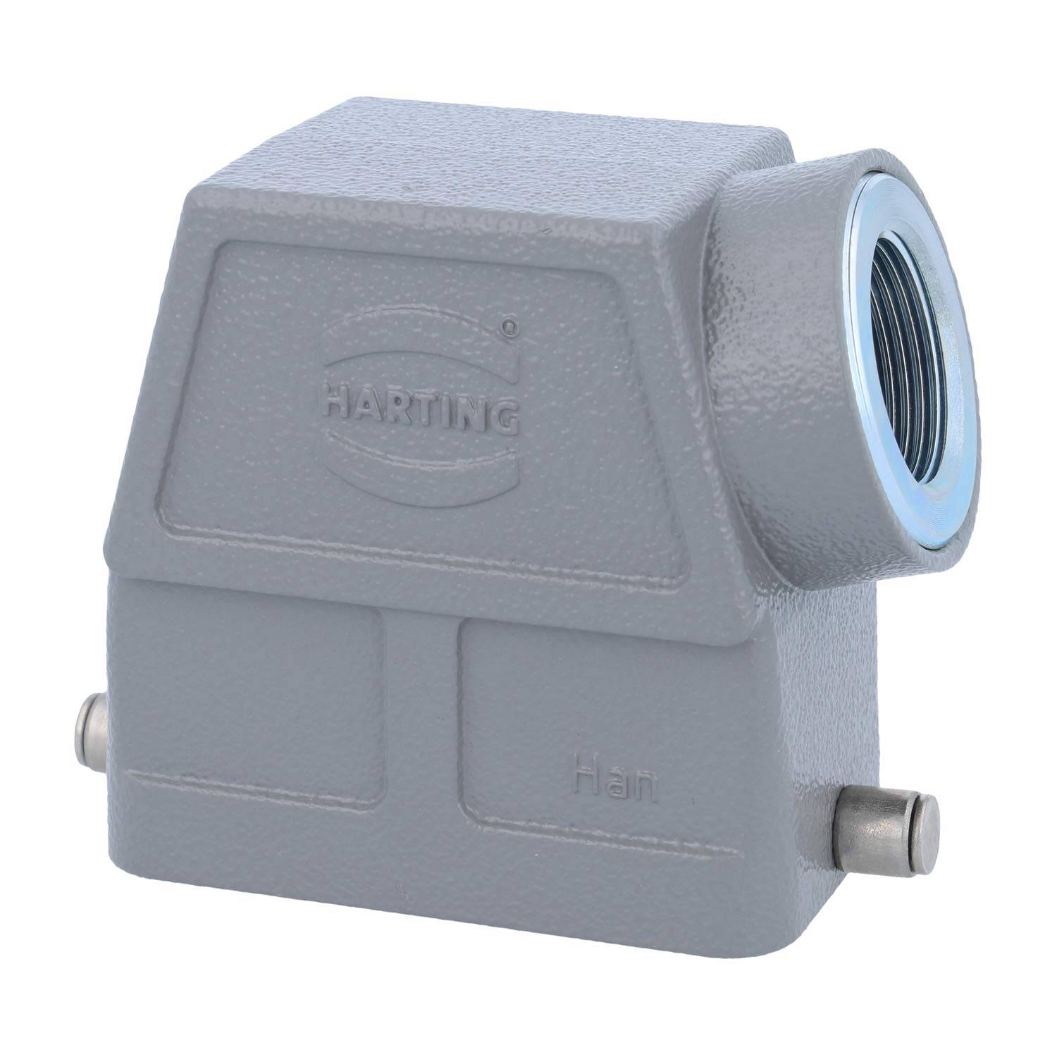 Ein graues industrielles HARTING-Anschlussgehäuse mit metallischem Gewindeeingang und seitlichen Befestigungsclips.