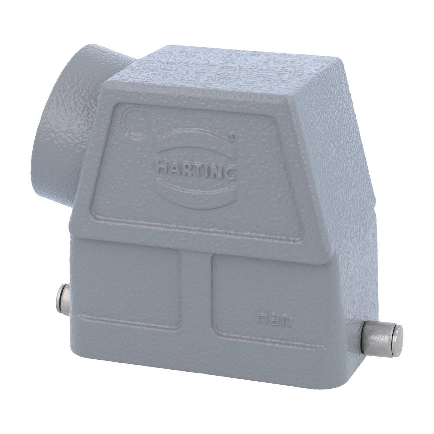 Graues rechteckiges elektrisches Anschlussgehäuse mit einer geneigten Oberseite, geprägt mit dem Text 'HARTING Han'. Zwei metallische Stifte an den Seiten.