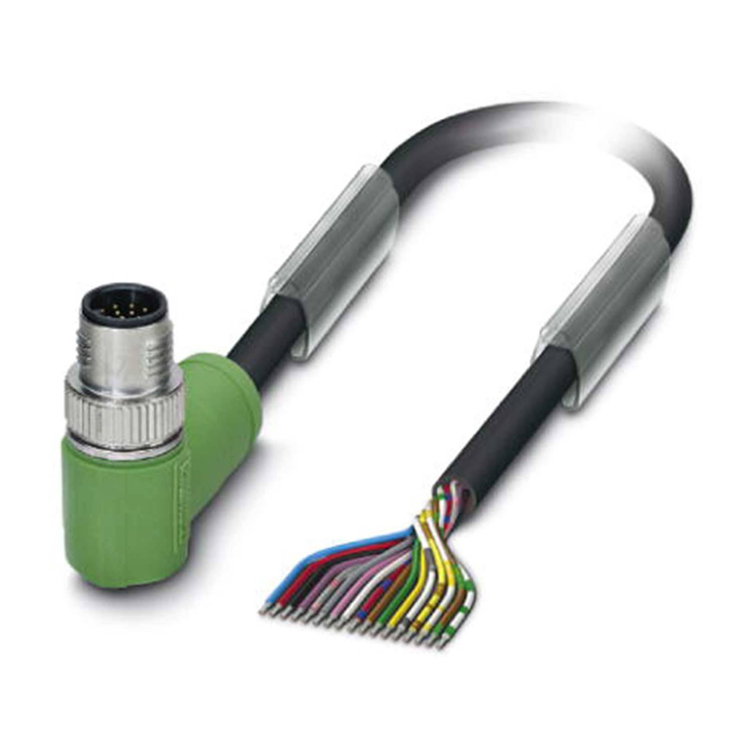 Ein grüner M12-Anschluss, der an ein schwarzes Kabel mit mehreren freiliegenden, farbcodierten Leitungen am Ende angeschlossen ist, wird für industrielle Verbindungen verwendet.