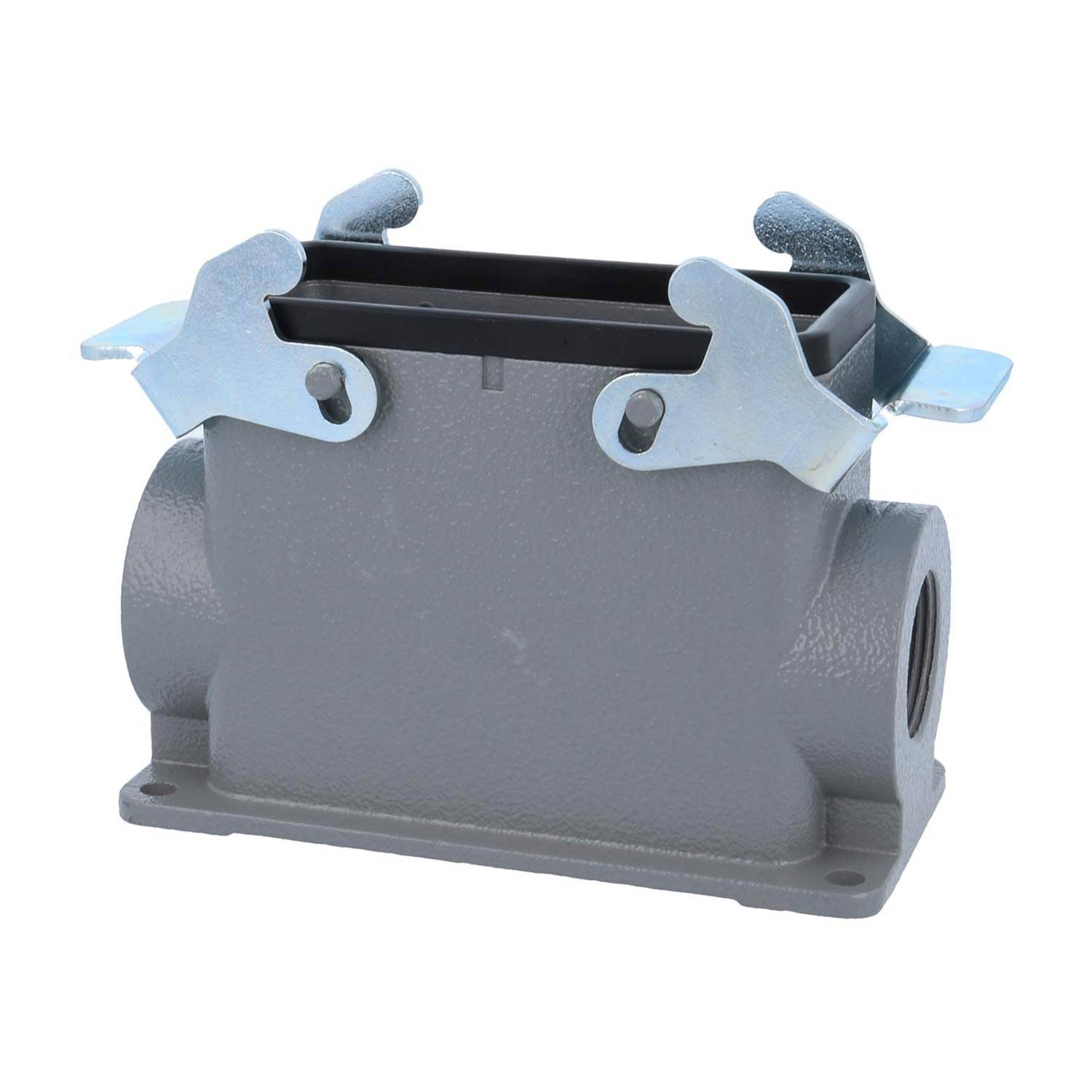 Ein graues industrielles Anschlussgehäuse mit zwei Verriegelungsmechanismen auf der Oberseite und Gewindebohrungen an den Seiten, entwickelt für sichere Kabelverbindungen.