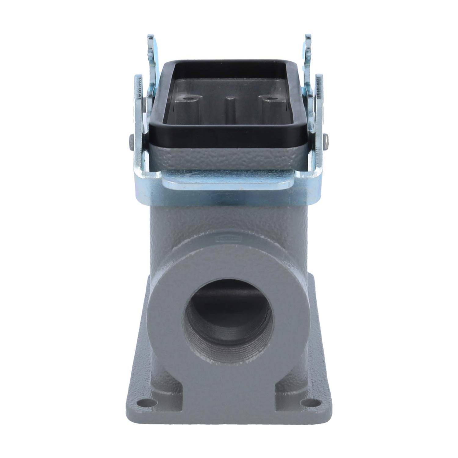 Eine Metallhalterung, industrieller Güte, konzipiert für sichere Unterstützung und Befestigung von Maschinenteilen, mit Darstellung der Vorder- und Draufsicht.