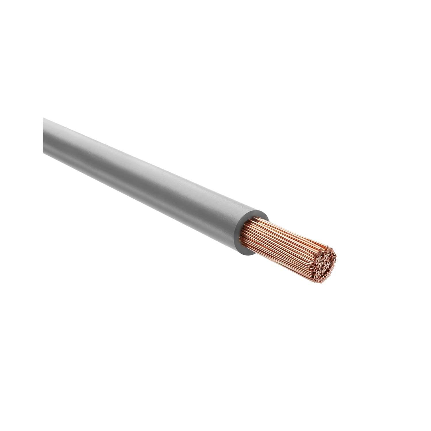 Ein Querschnittsblick auf einen elektrischen Draht, der Kupferdrähte in einer grauen Isolationshülle zeigt.