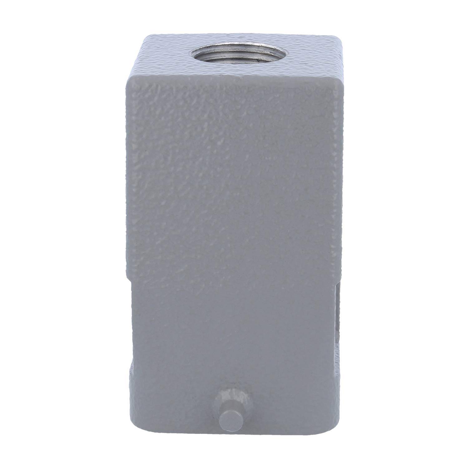 Ein grauer, rechteckiger industrieller Metallkasten mit einem Gewindeloch an der Oberseite und einer kleinen Ausbuchtung am unteren Ende.