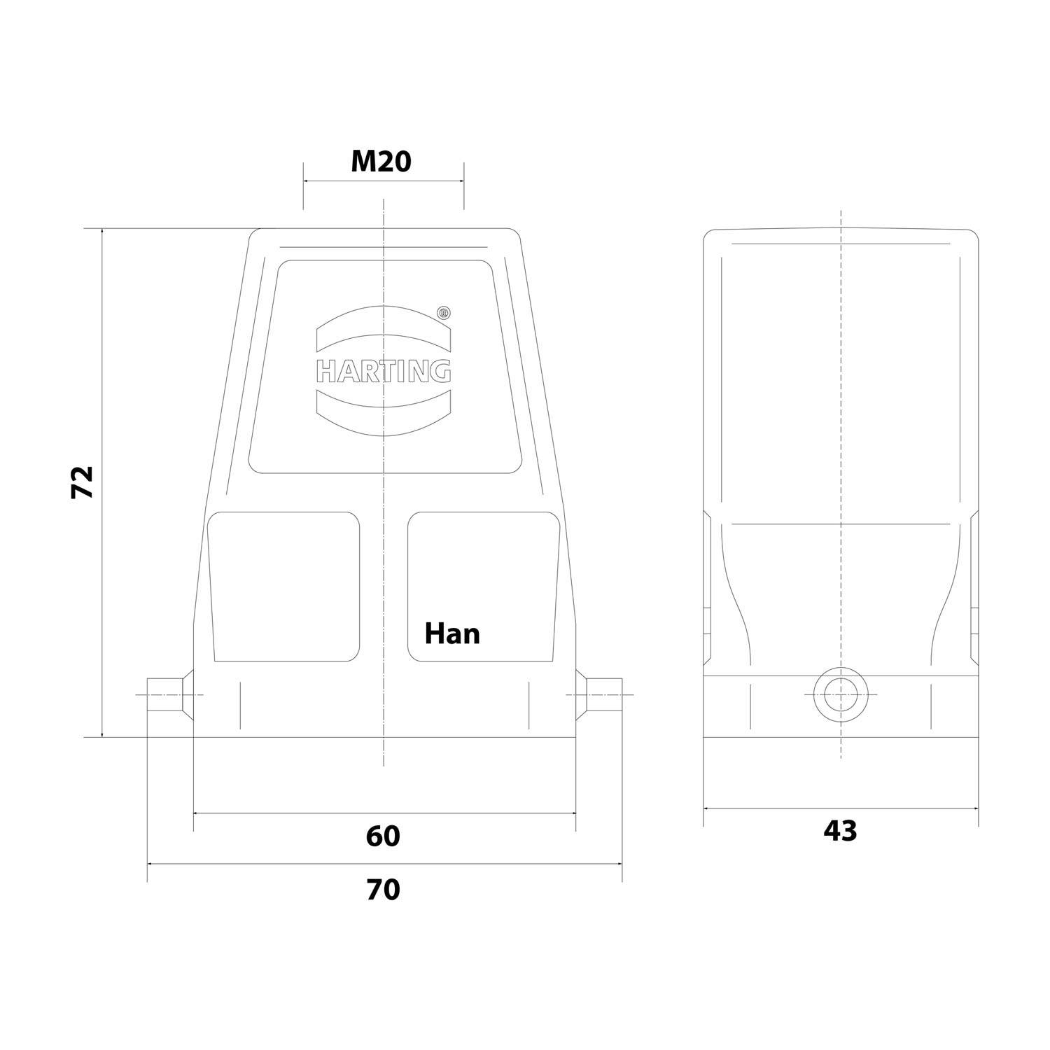 Vorder- und Seitenansicht-Diagramm eines rechteckigen Anschlussgehäuses, beschriftet mit 'HARTING' und 'Han', mit Abmessungen: Höhe 72, Breite 70, Tiefe 43, M20 an der Oberseite.